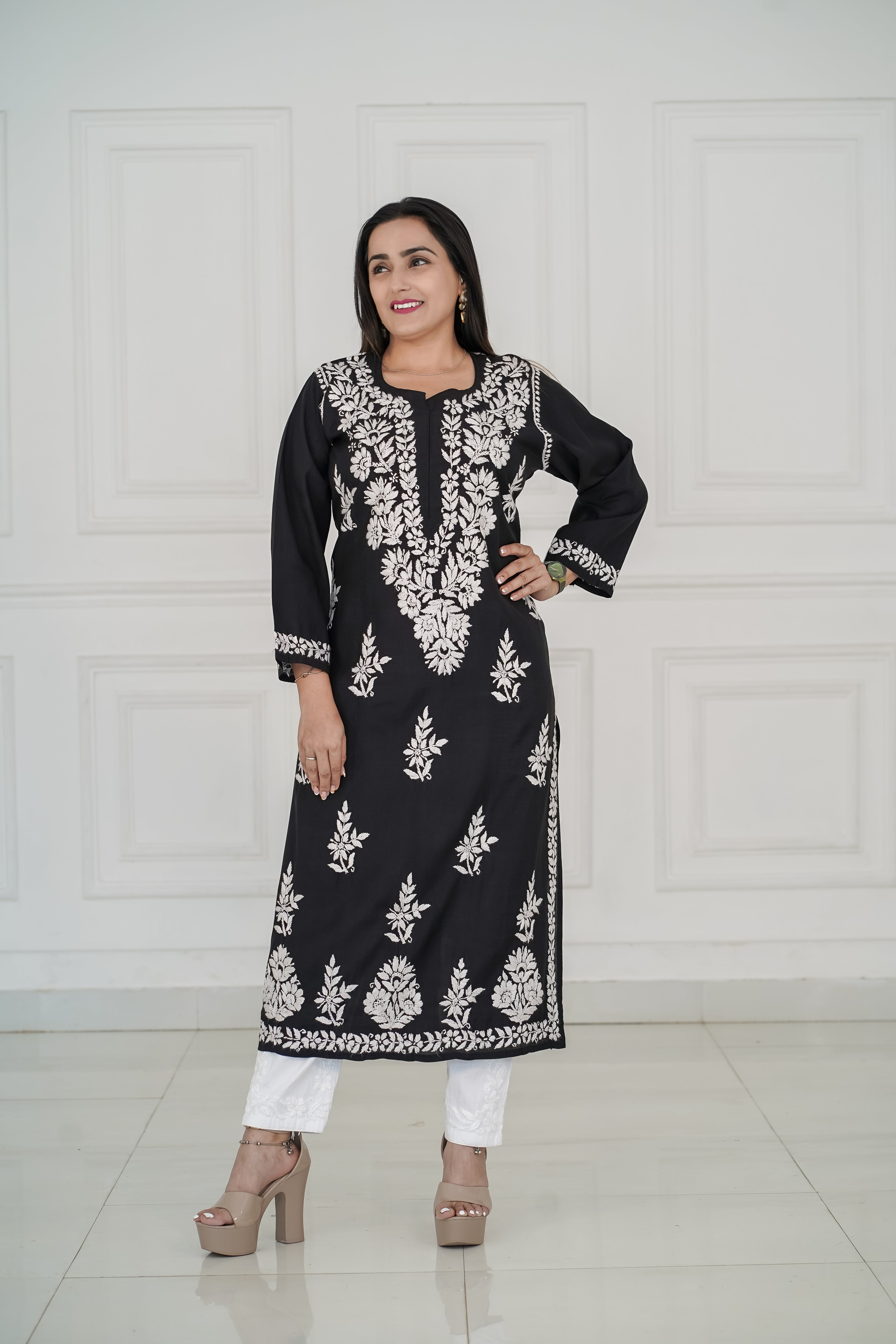 Roman Silk Long Kurti with Heavy Traditional Chikankari