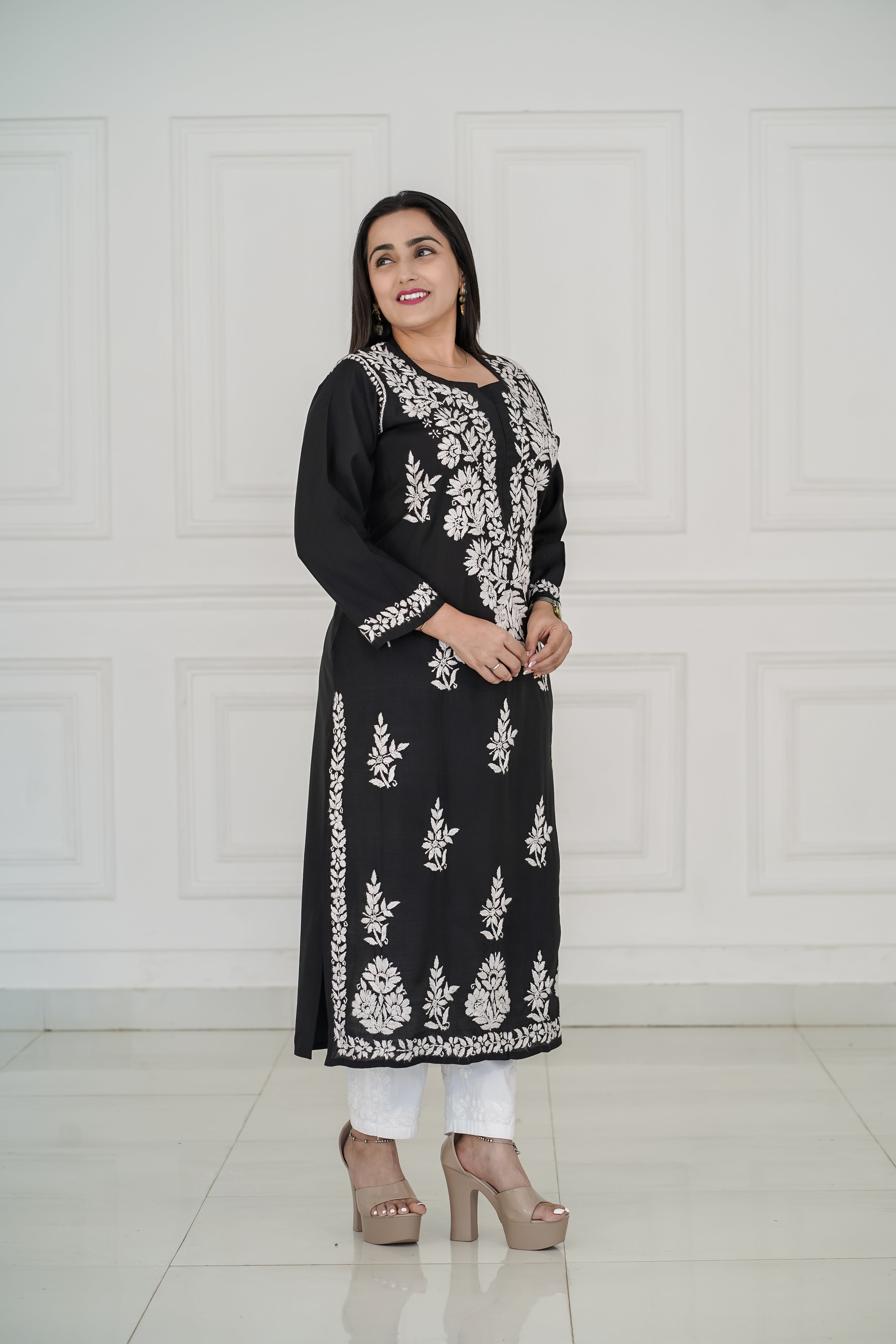 Roman Silk Long Kurti with Heavy Traditional Chikankari