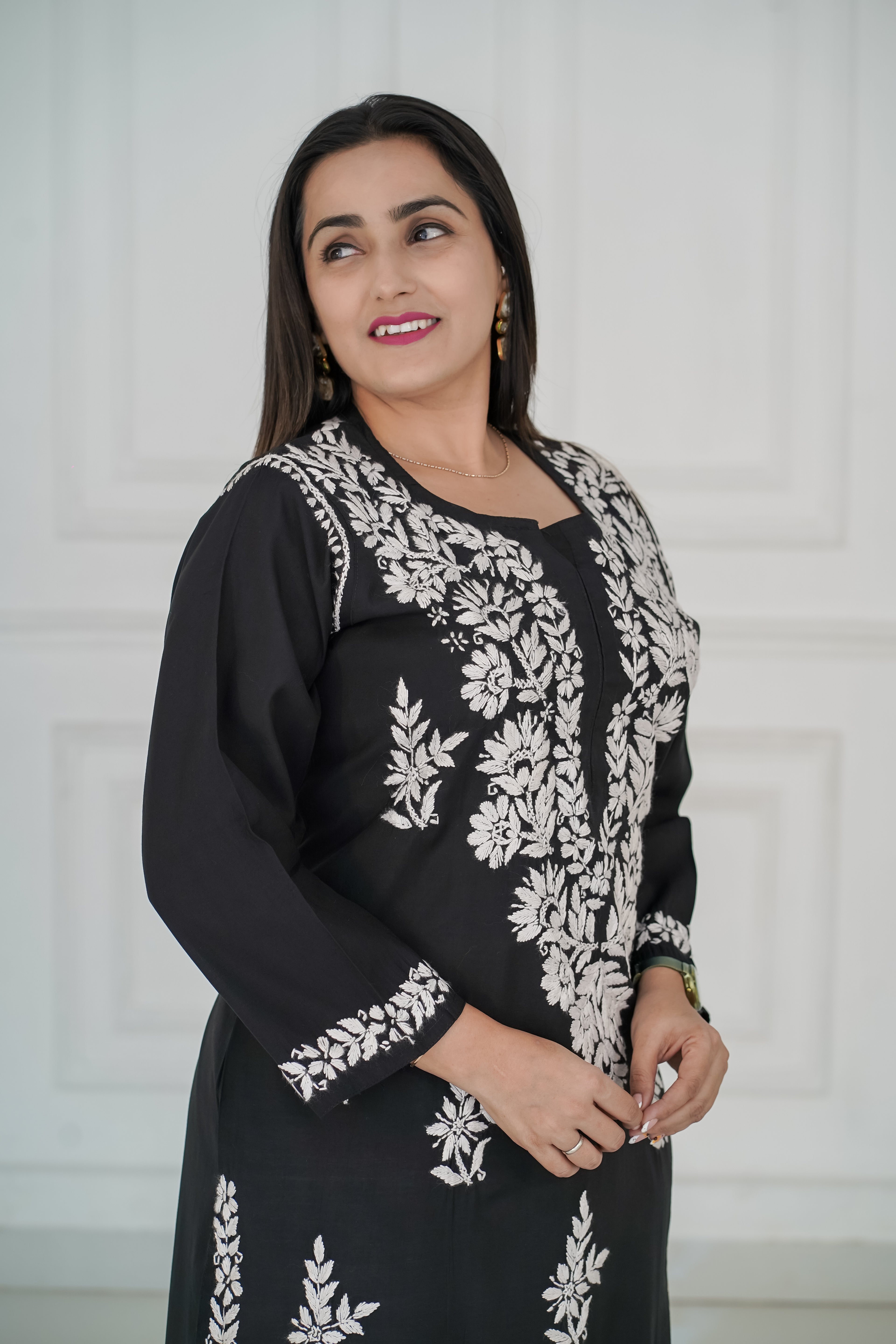 Roman Silk Long Kurti with Heavy Traditional Chikankari
