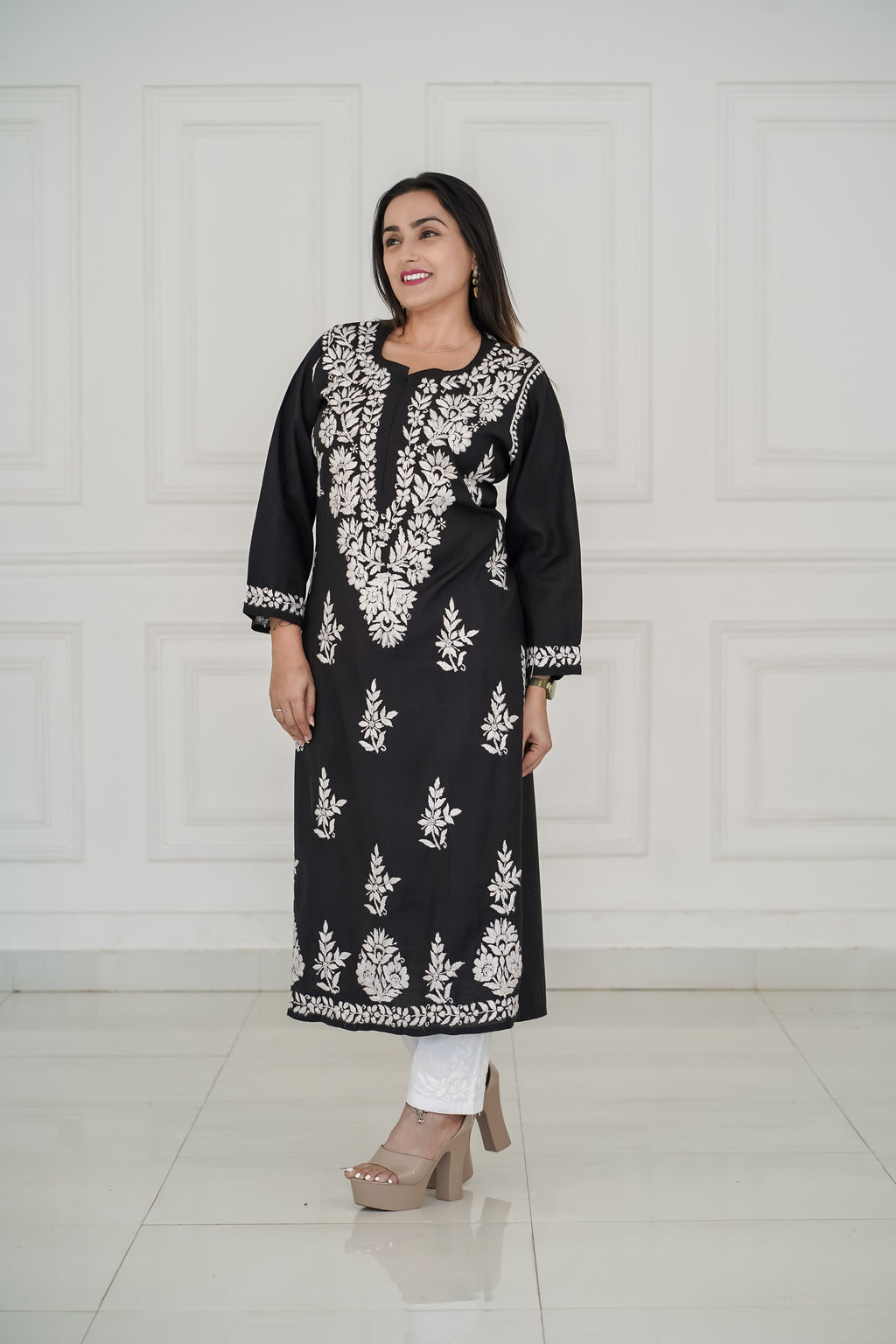 Roman Silk Long Kurti with Heavy Traditional Chikankari