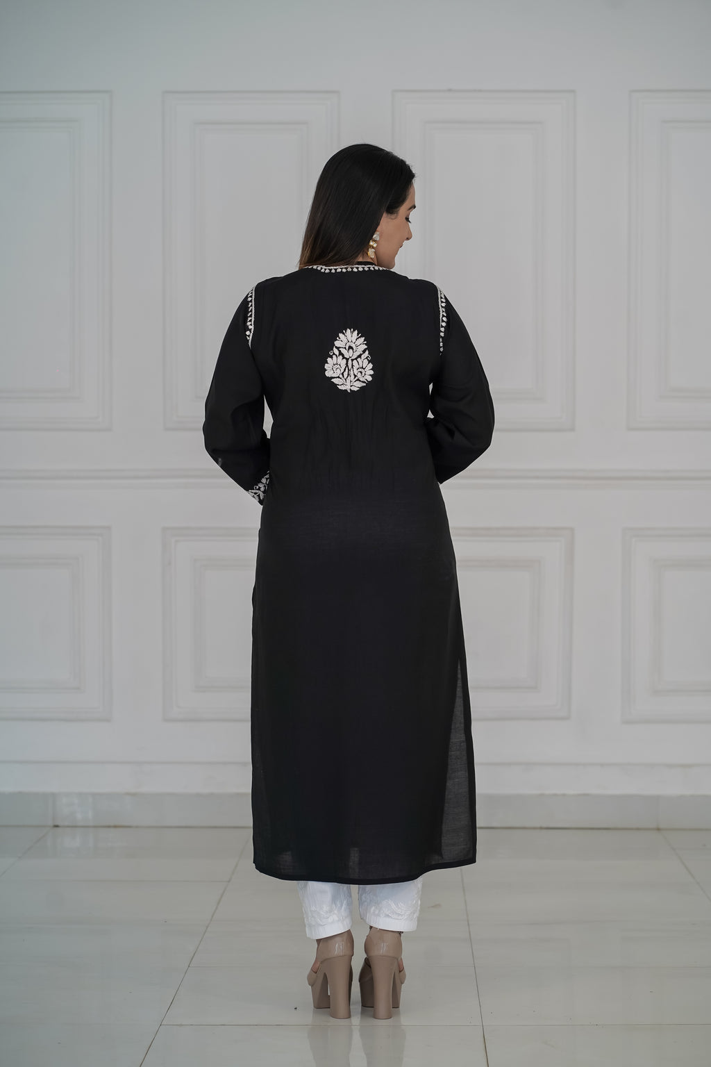 Roman Silk Long Kurti with Heavy Traditional Chikankari