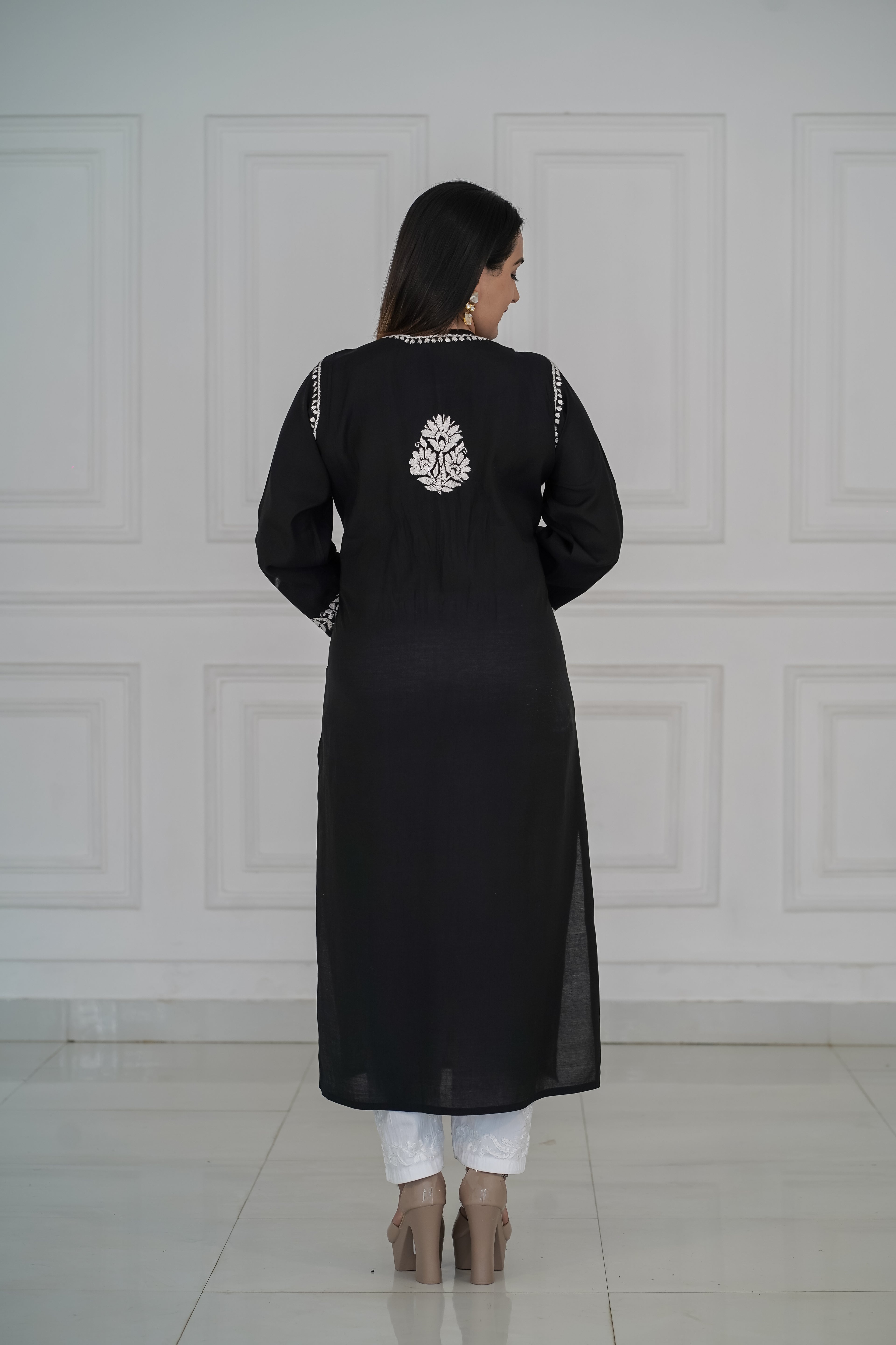 Roman Silk Long Kurti with Heavy Traditional Chikankari