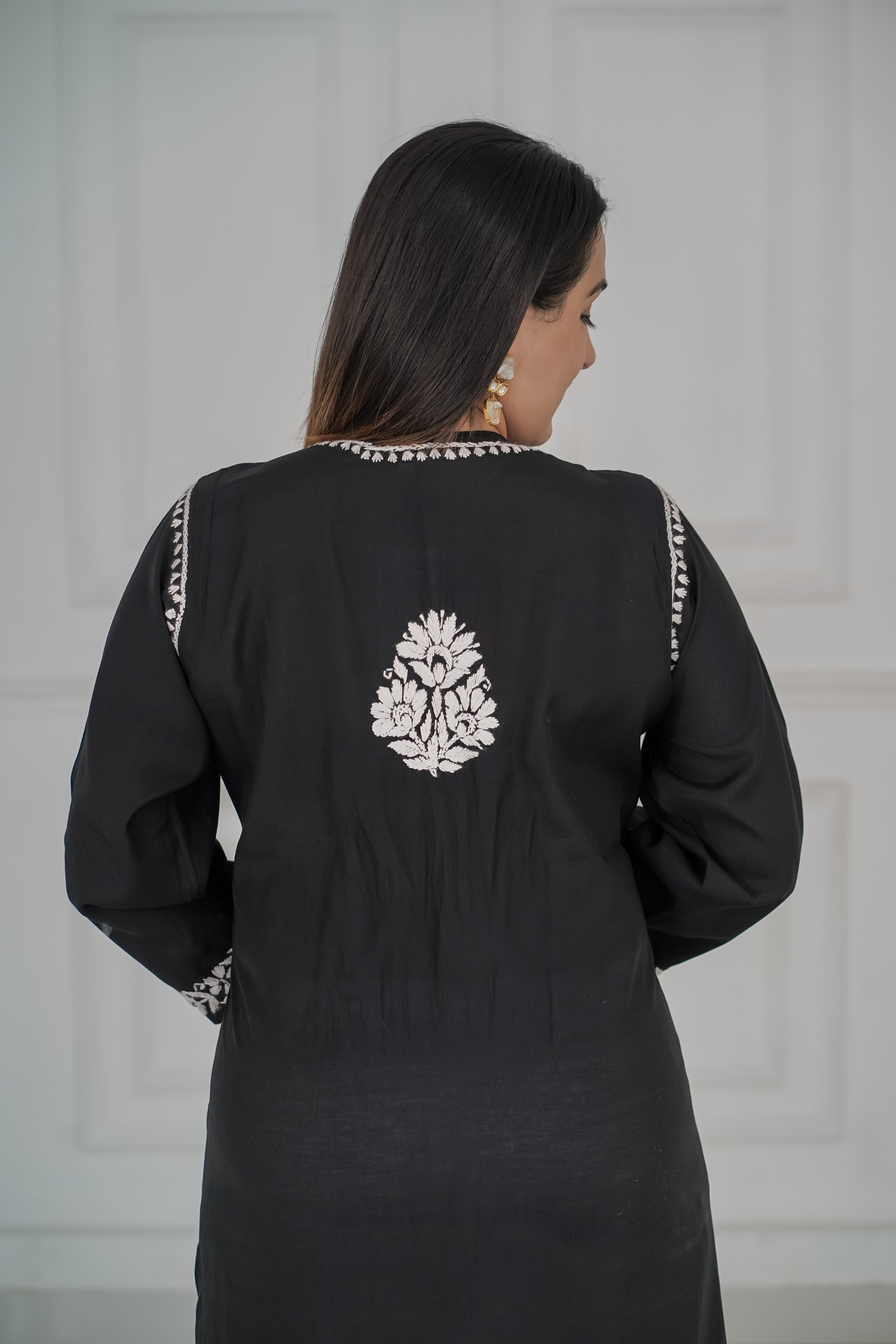 Roman Silk Long Kurti with Heavy Traditional Chikankari
