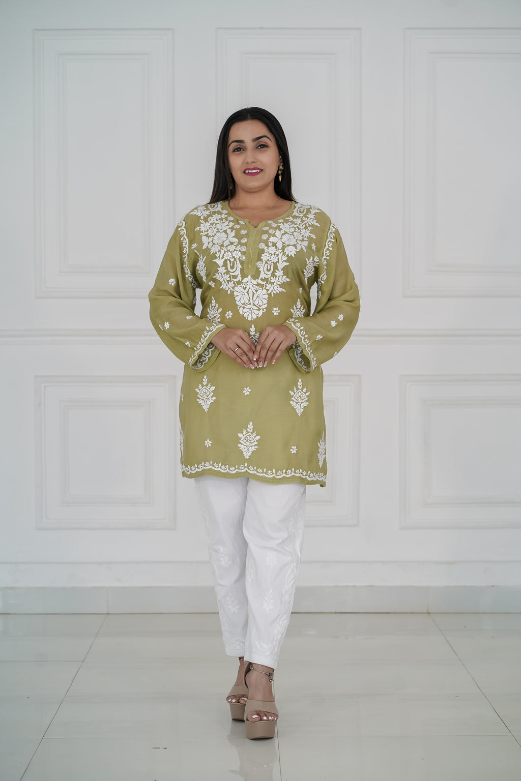 Sage-green muslin kurti 3d chikankari
