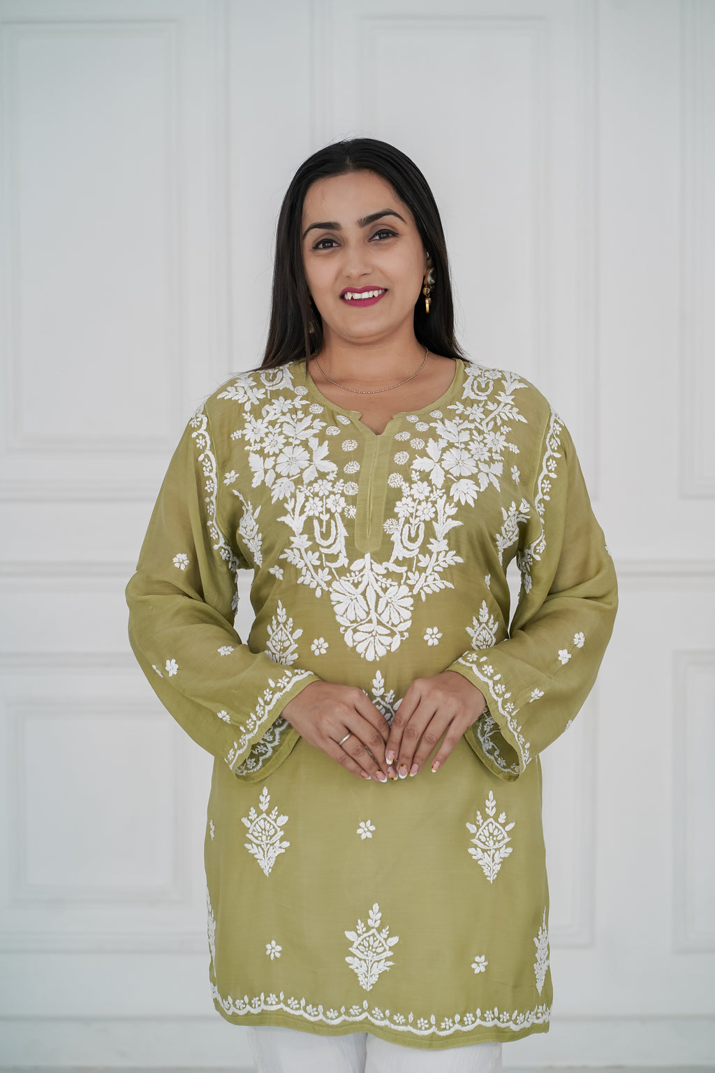 Sage-green muslin kurti 3d chikankari