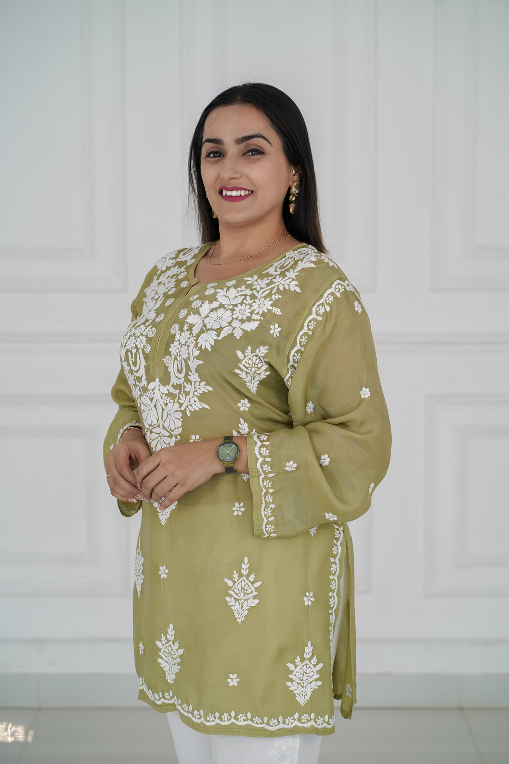 Sage-green muslin kurti 3d chikankari