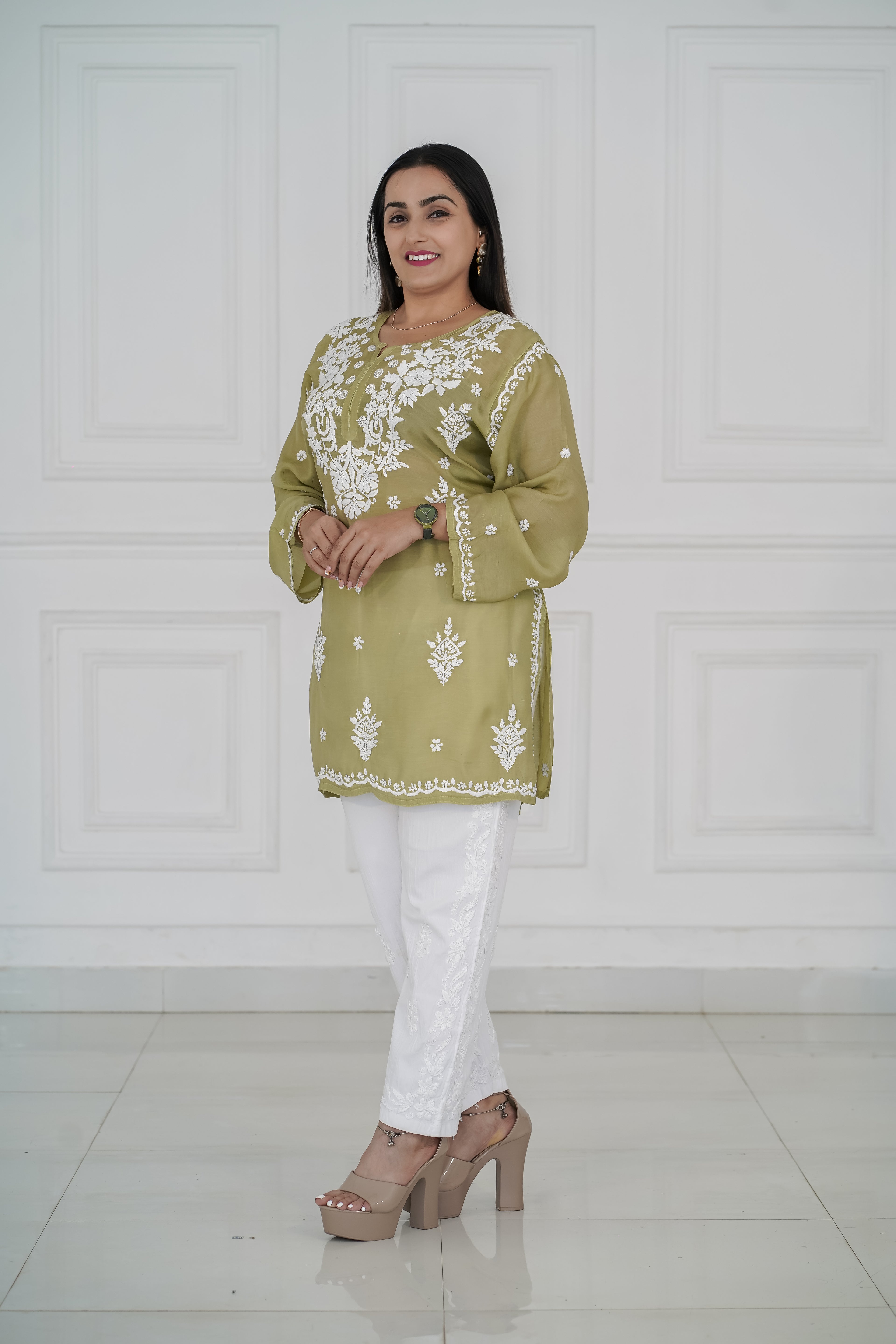 Sage-green muslin kurti 3d chikankari