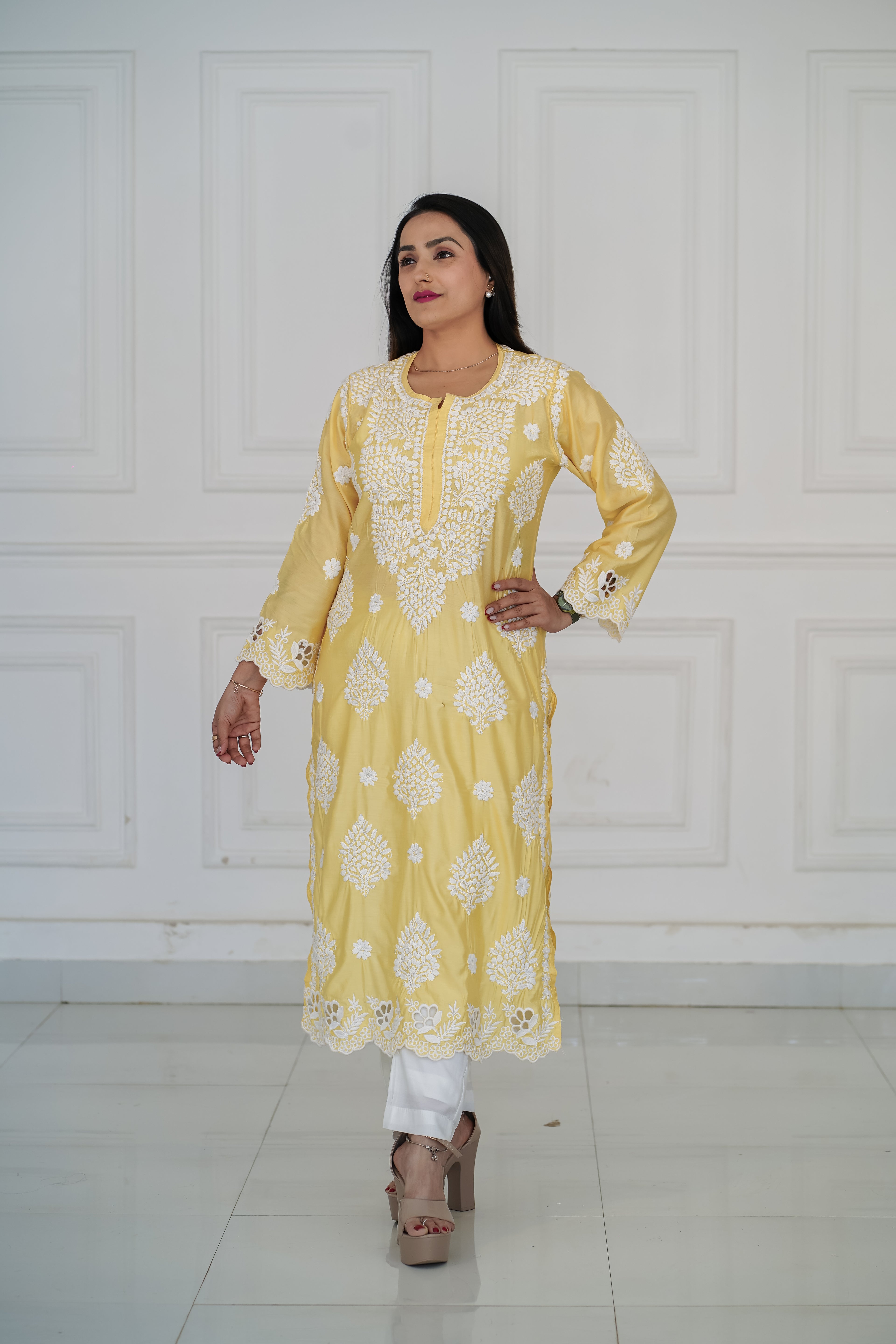 Pure Chanderi Yellow Colour Cutwork Chikankari