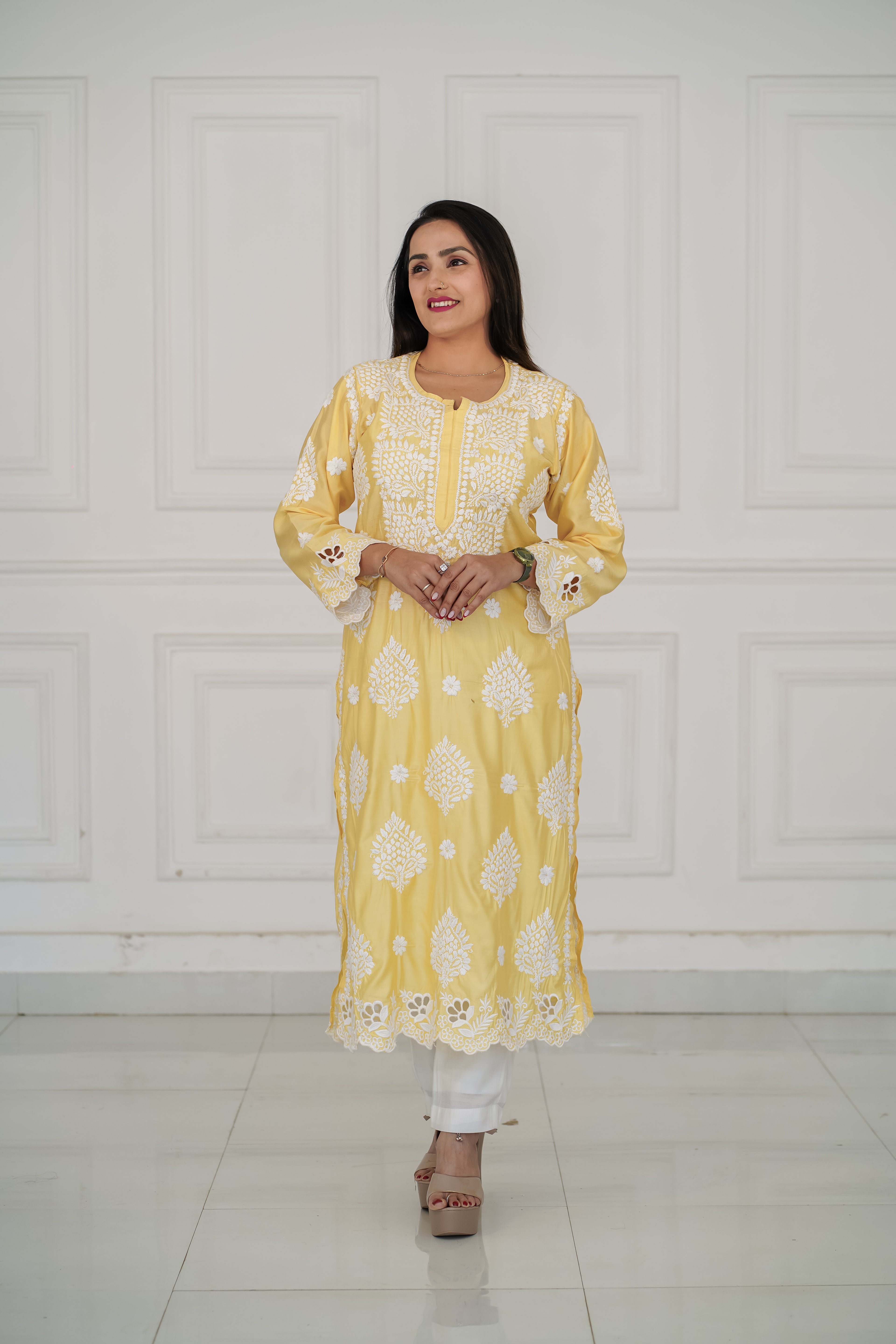 Pure Chanderi Yellow Colour Cutwork Chikankari