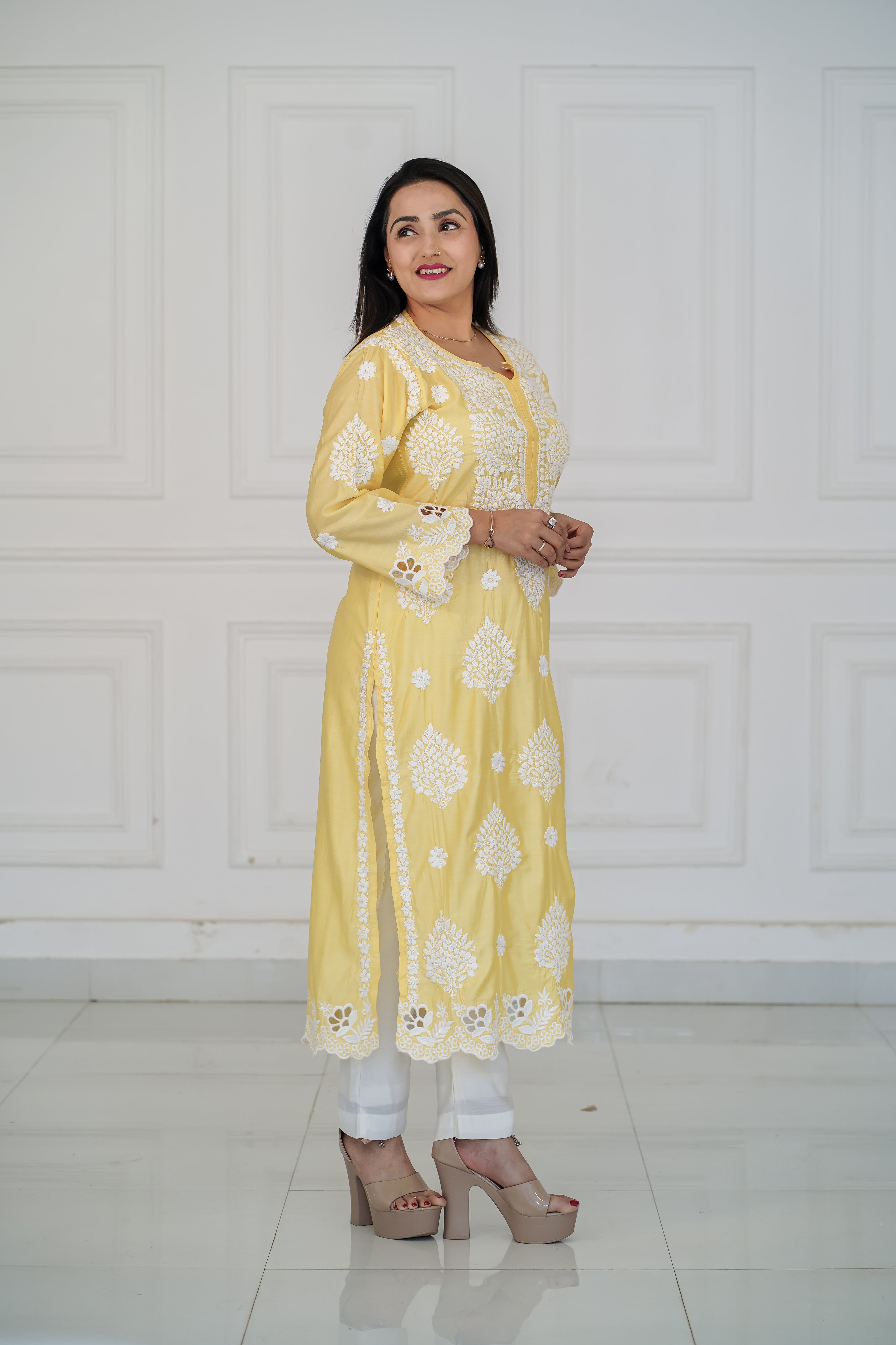 Pure Chanderi Yellow Colour Cutwork Chikankari