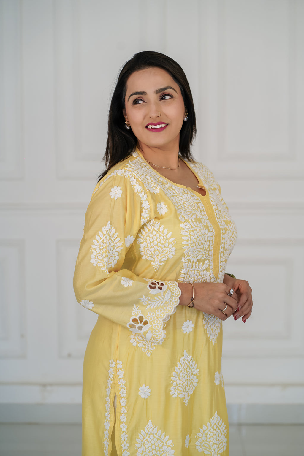 Pure Chanderi Yellow Colour Cutwork Chikankari
