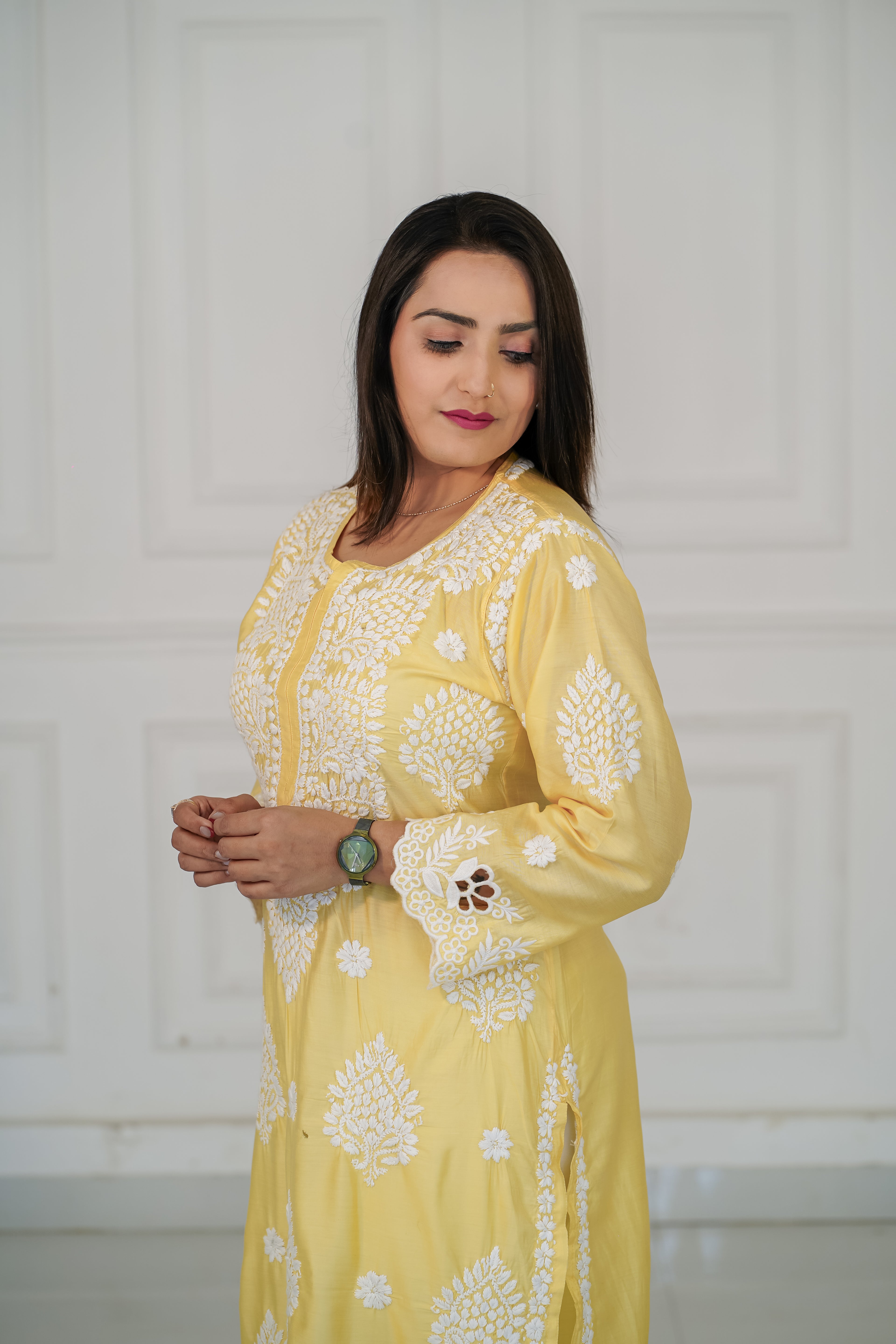 Pure Chanderi Yellow Colour Cutwork Chikankari