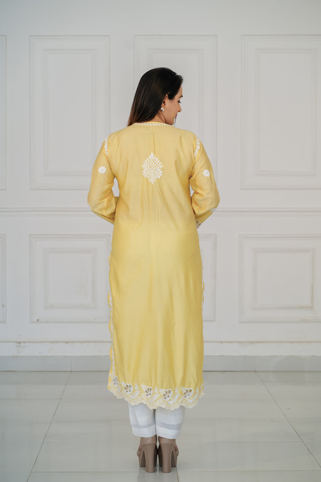 Pure Chanderi Yellow Colour Cutwork Chikankari