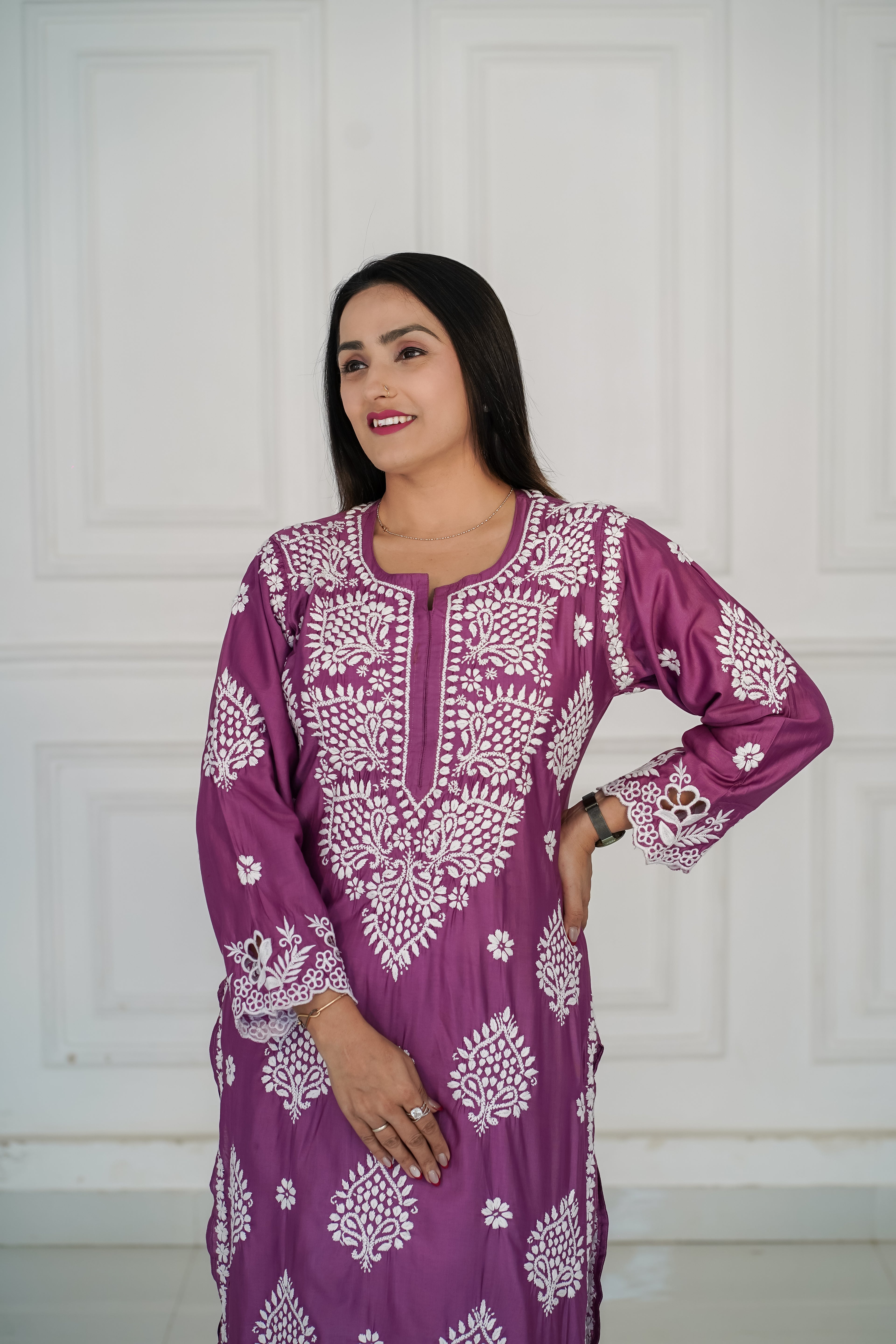 Chanderi Wine Colour Cutwork Kurti