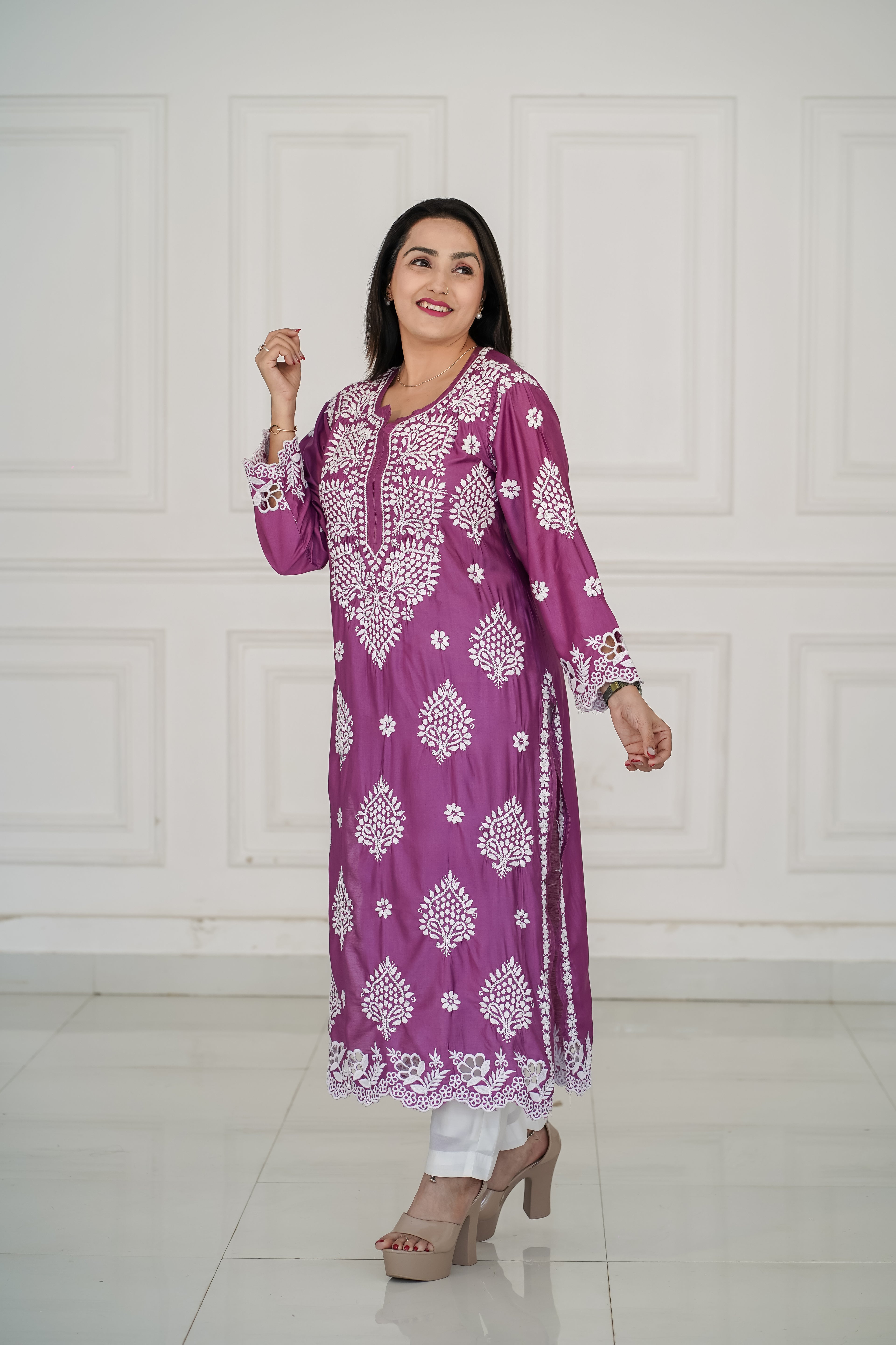 Chanderi Wine Colour Cutwork Kurti