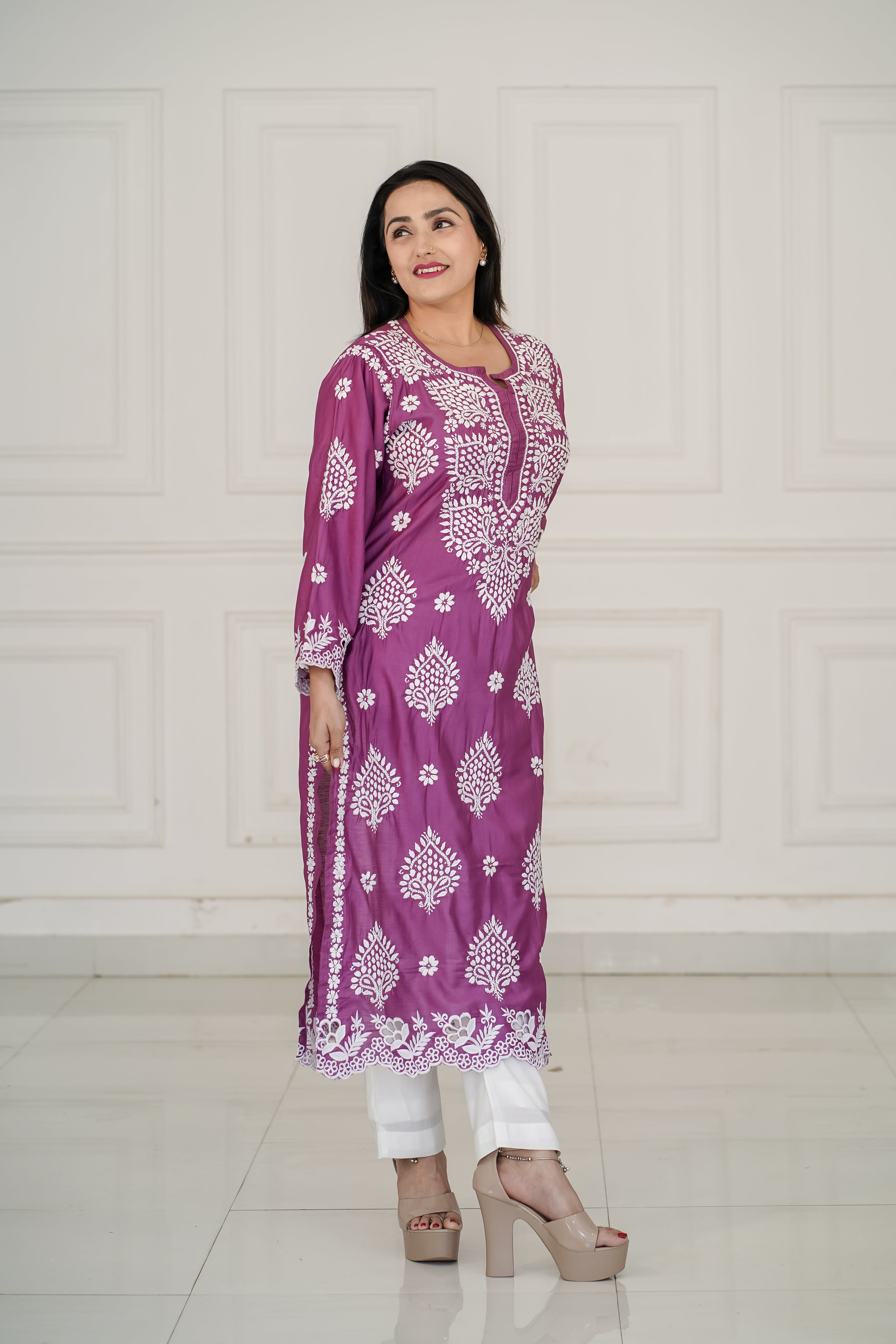 Chanderi Wine Colour Cutwork Kurti