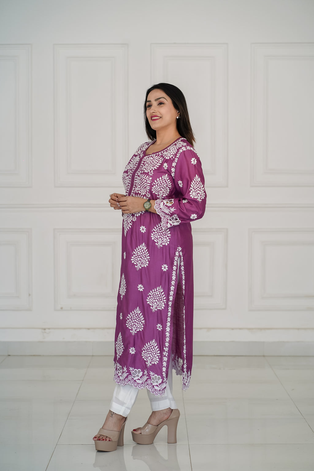 Chanderi Wine Colour Cutwork Kurti
