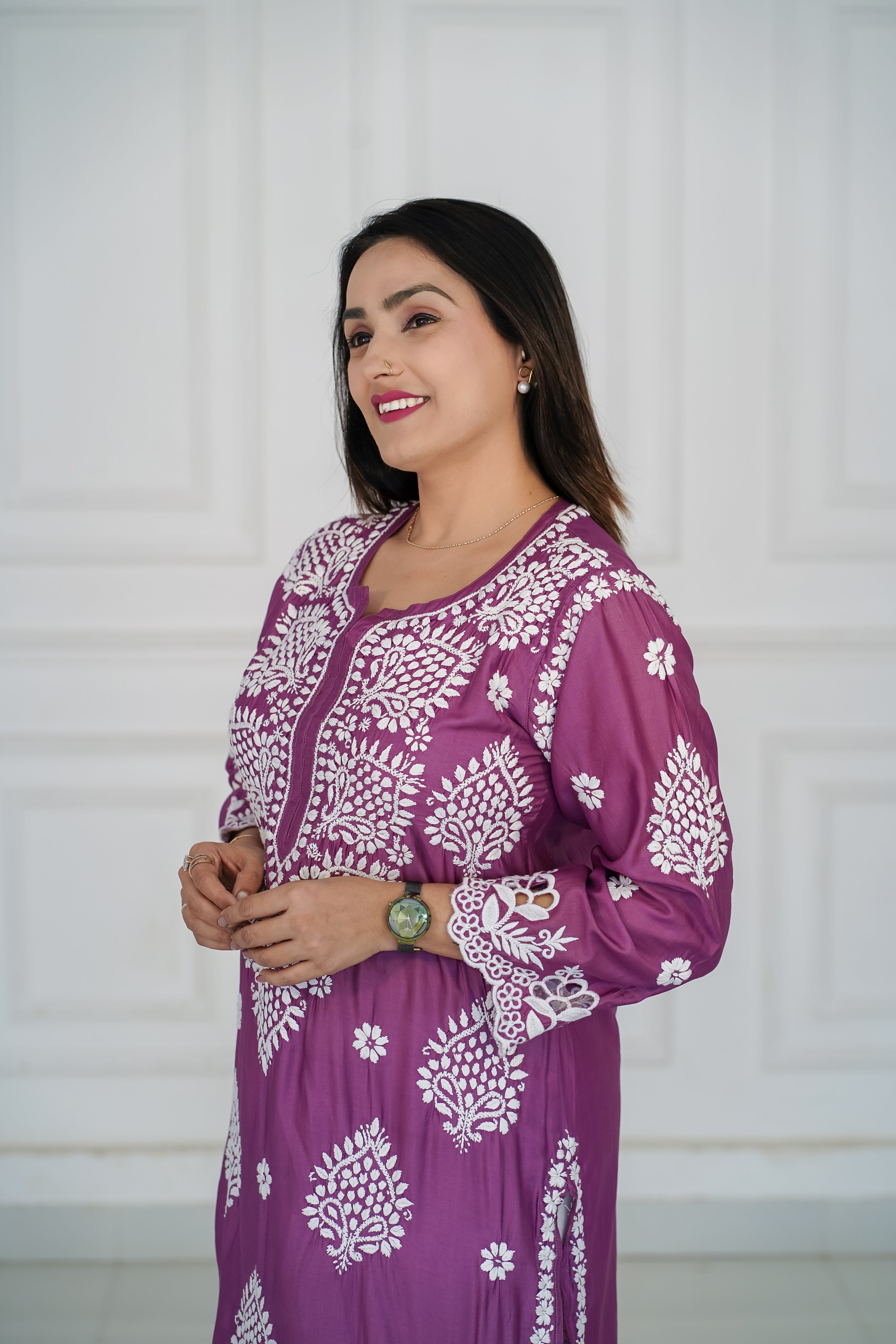 Chanderi Wine Colour Cutwork Kurti