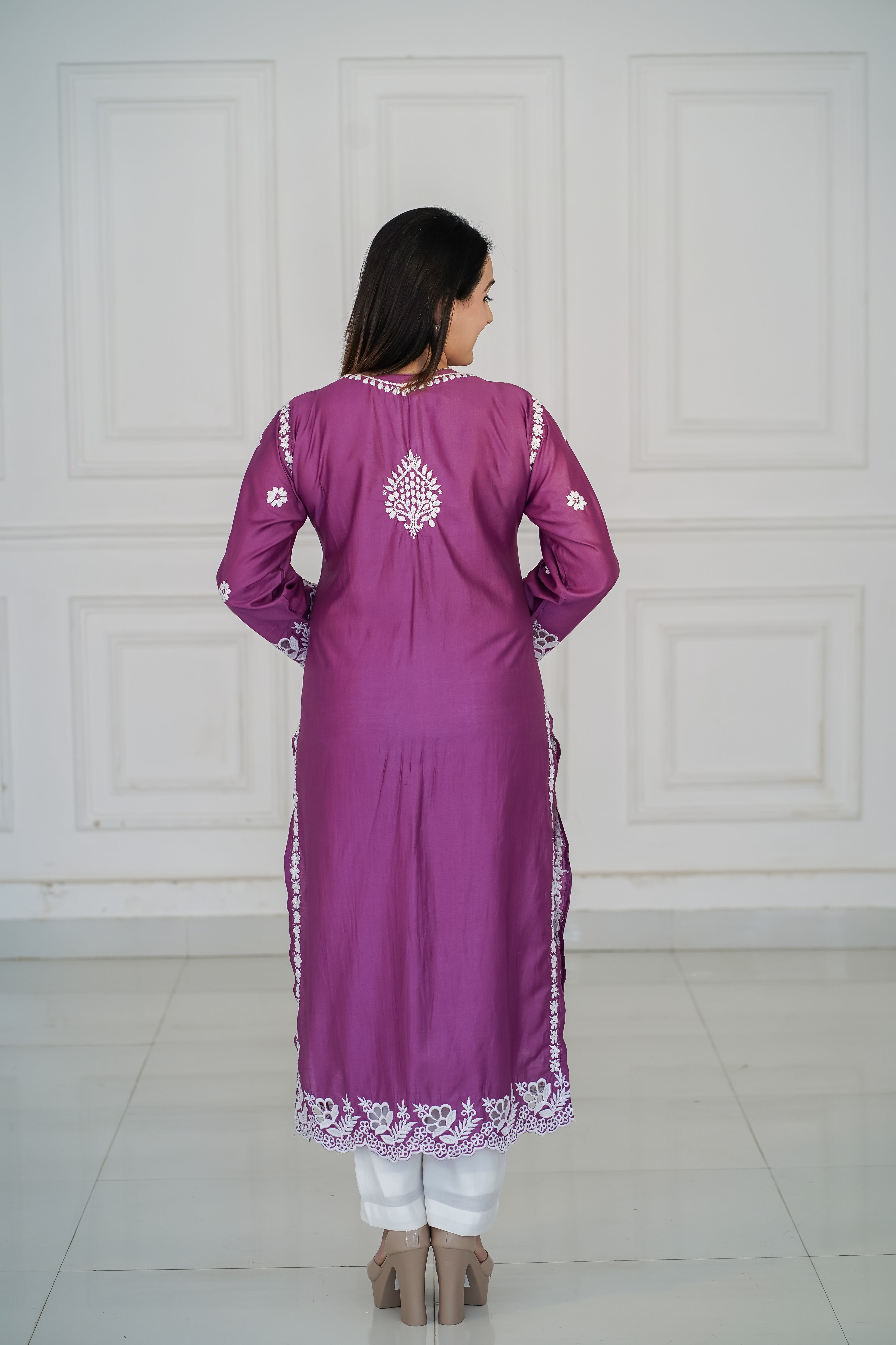 Chanderi Wine Colour Cutwork Kurti