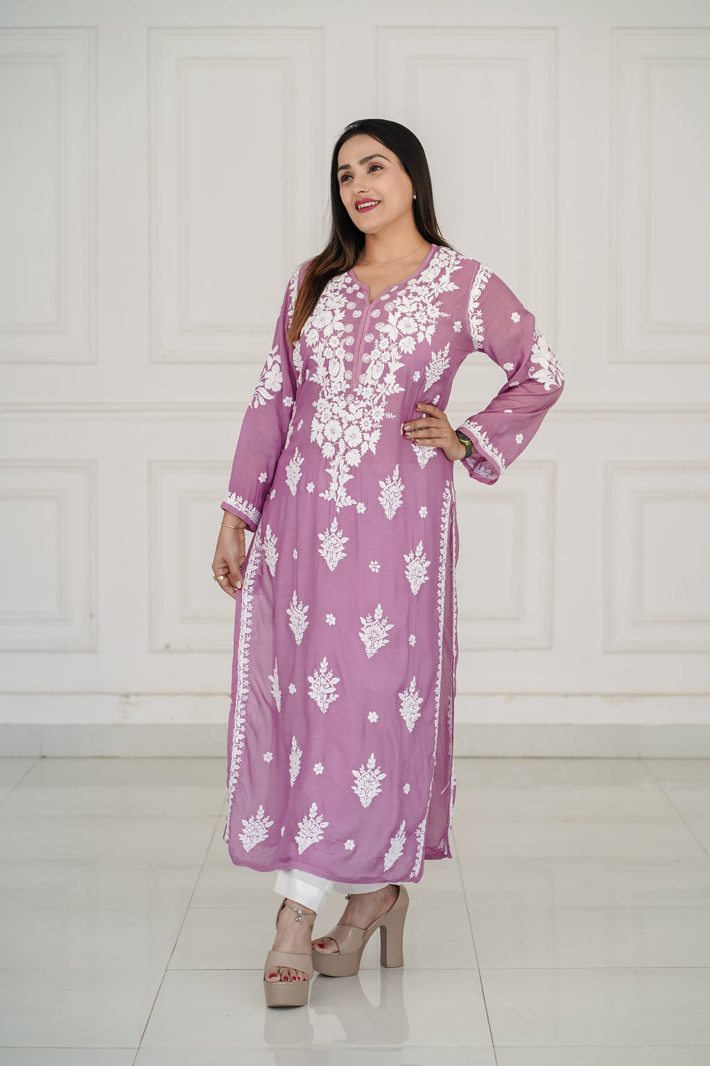 Dark Lavender pure muslin kurti with 3D chikankari