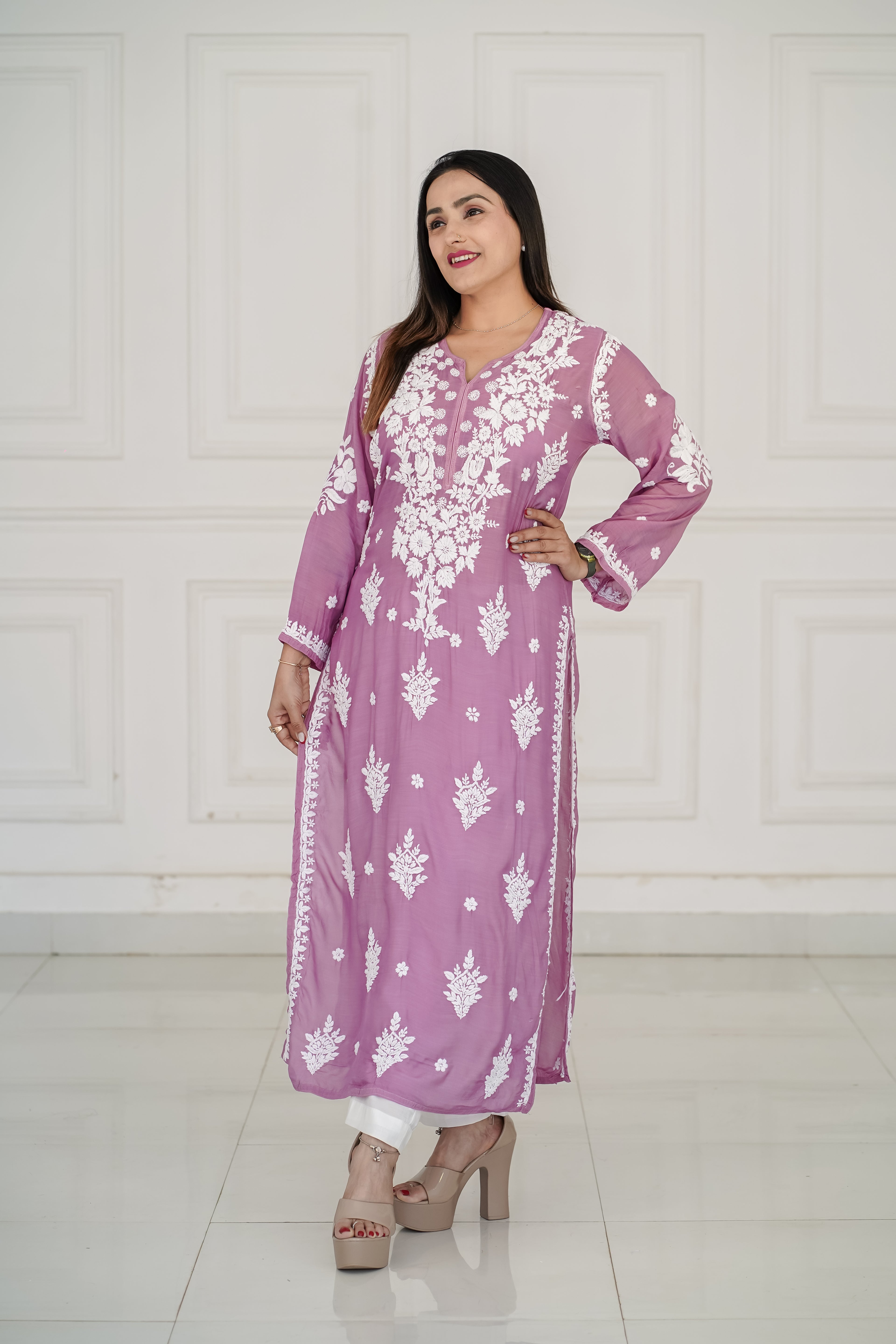 Dark Lavender pure muslin kurti with 3D chikankari