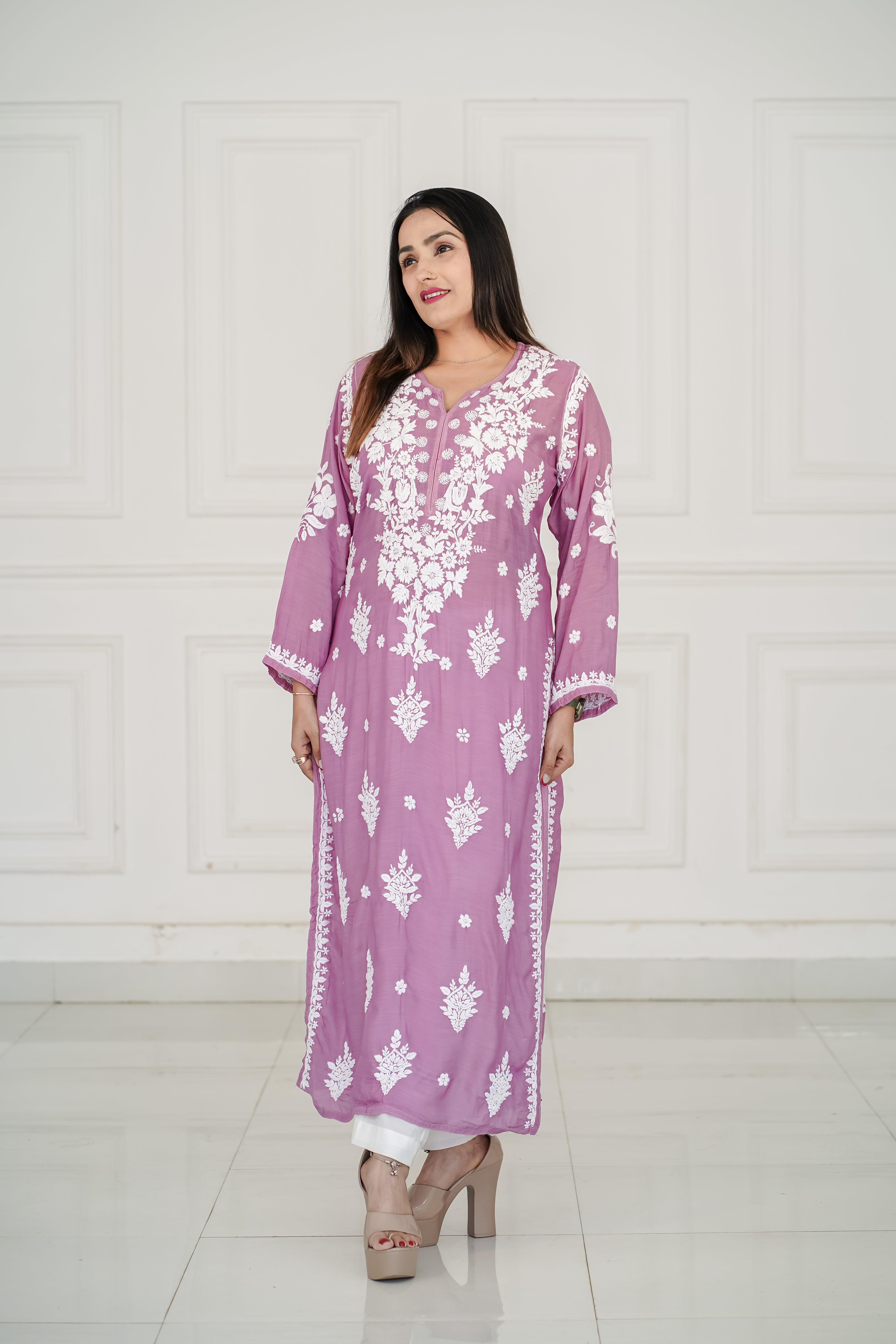 Dark Lavender pure muslin kurti with 3D chikankari