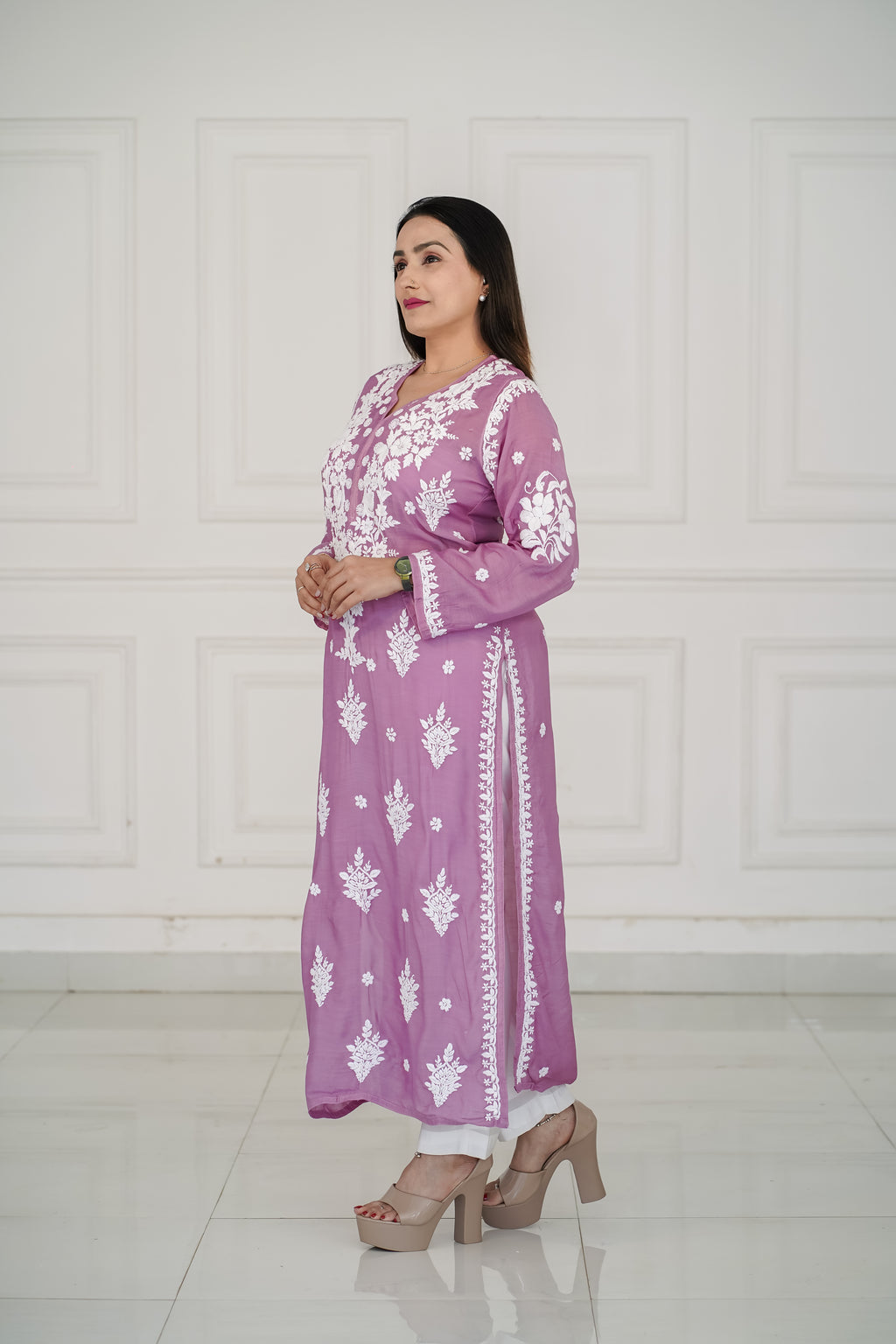 Dark Lavender pure muslin kurti with 3D chikankari