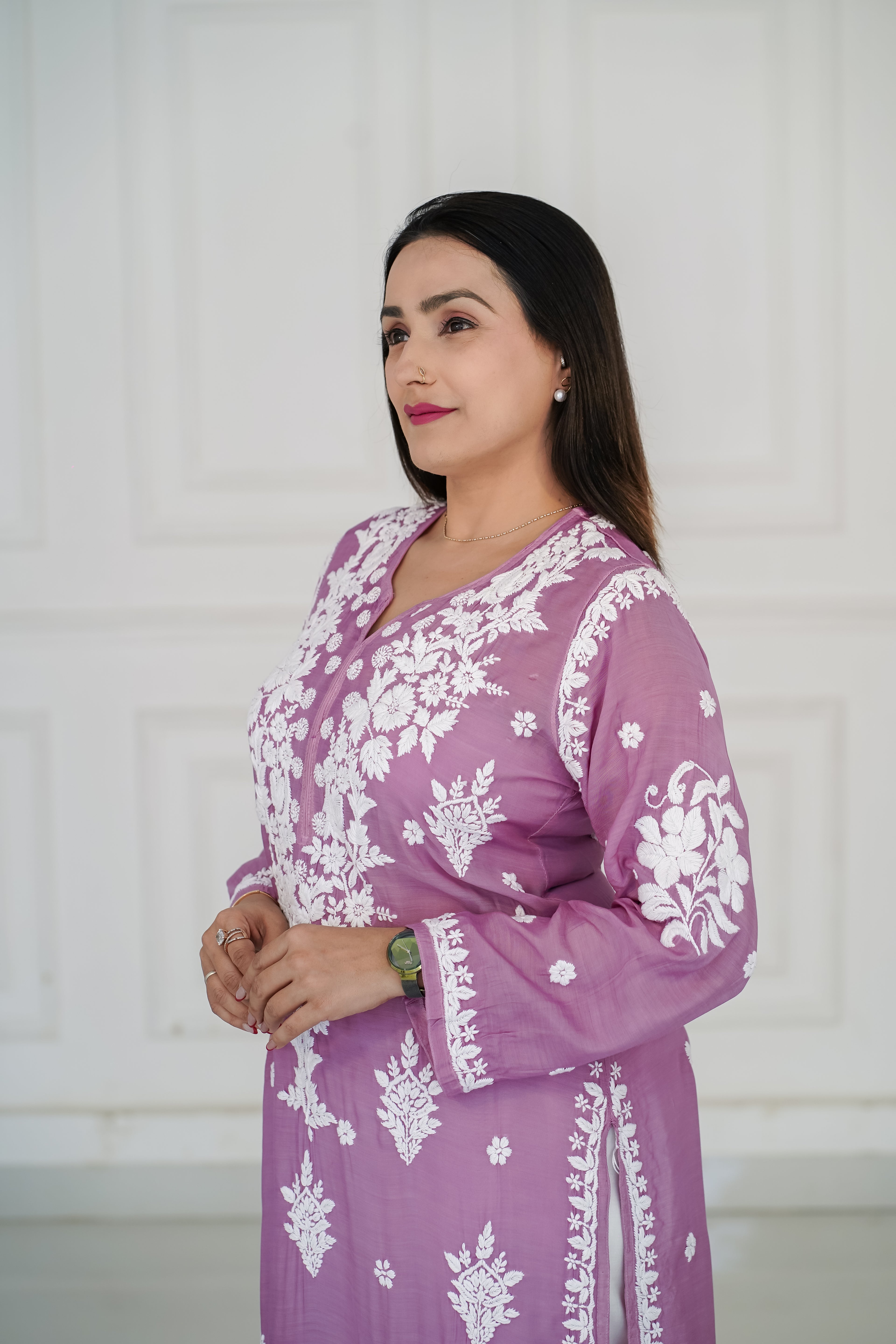 Dark Lavender pure muslin kurti with 3D chikankari