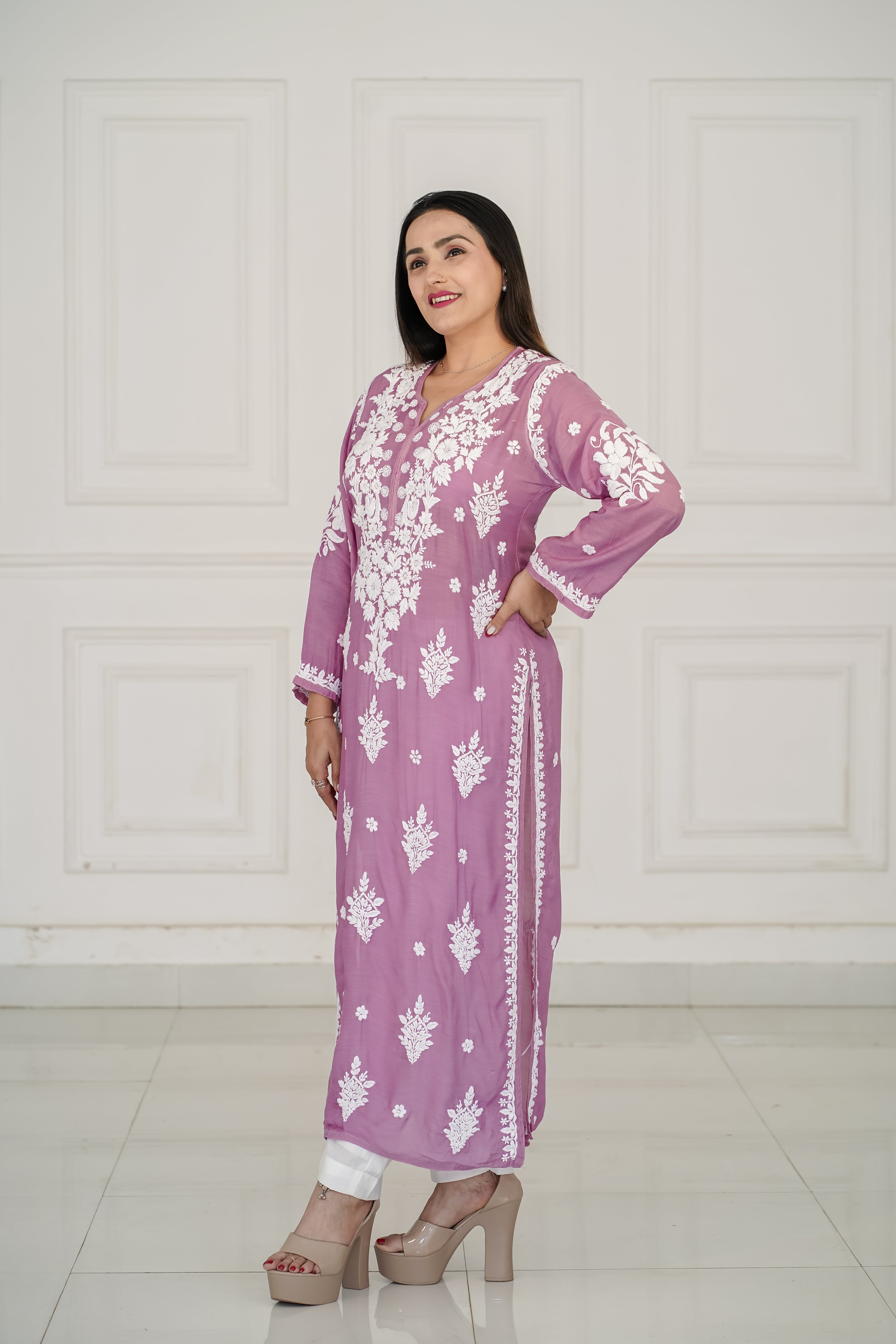 Dark Lavender pure muslin kurti with 3D chikankari