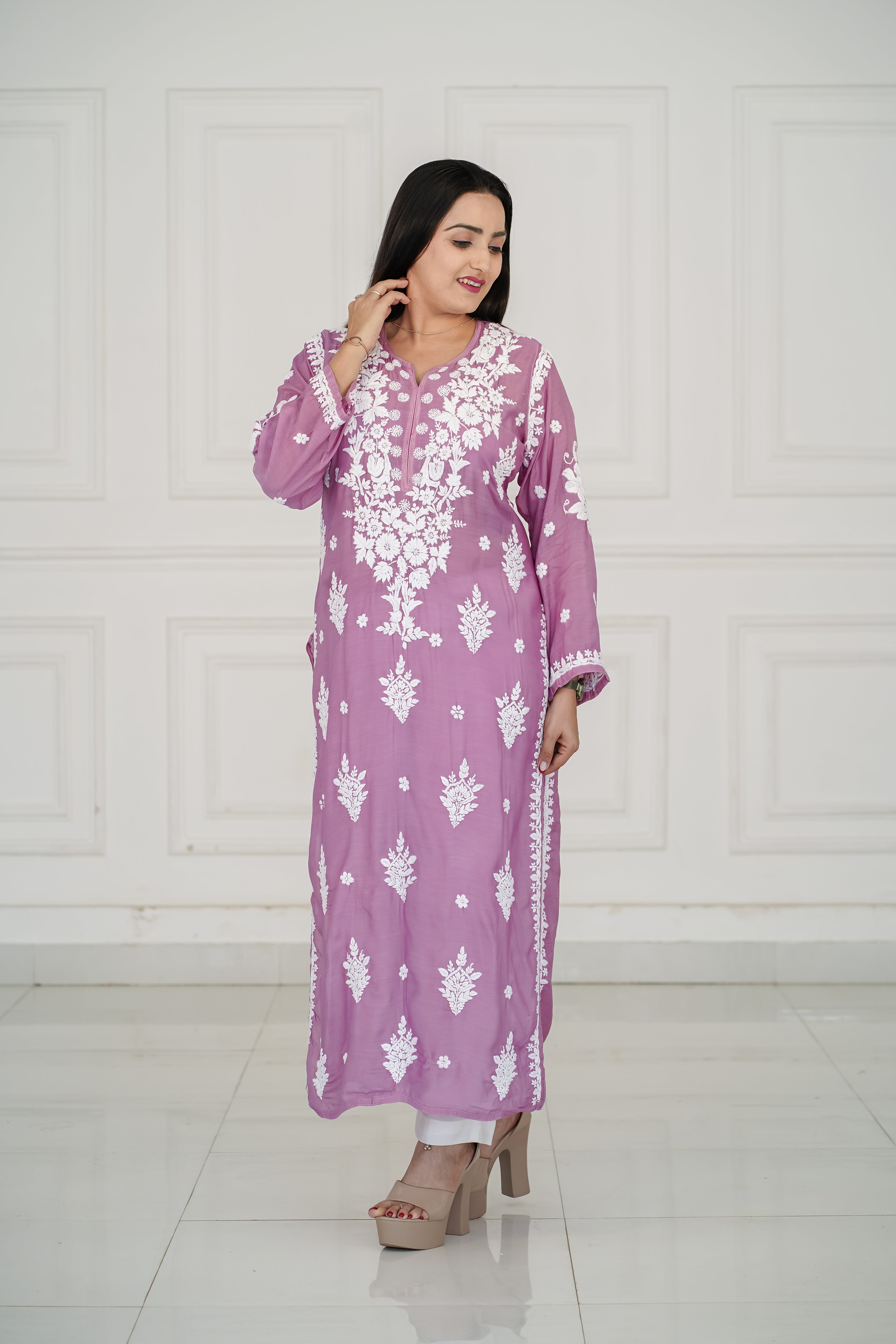 Dark Lavender pure muslin kurti with 3D chikankari