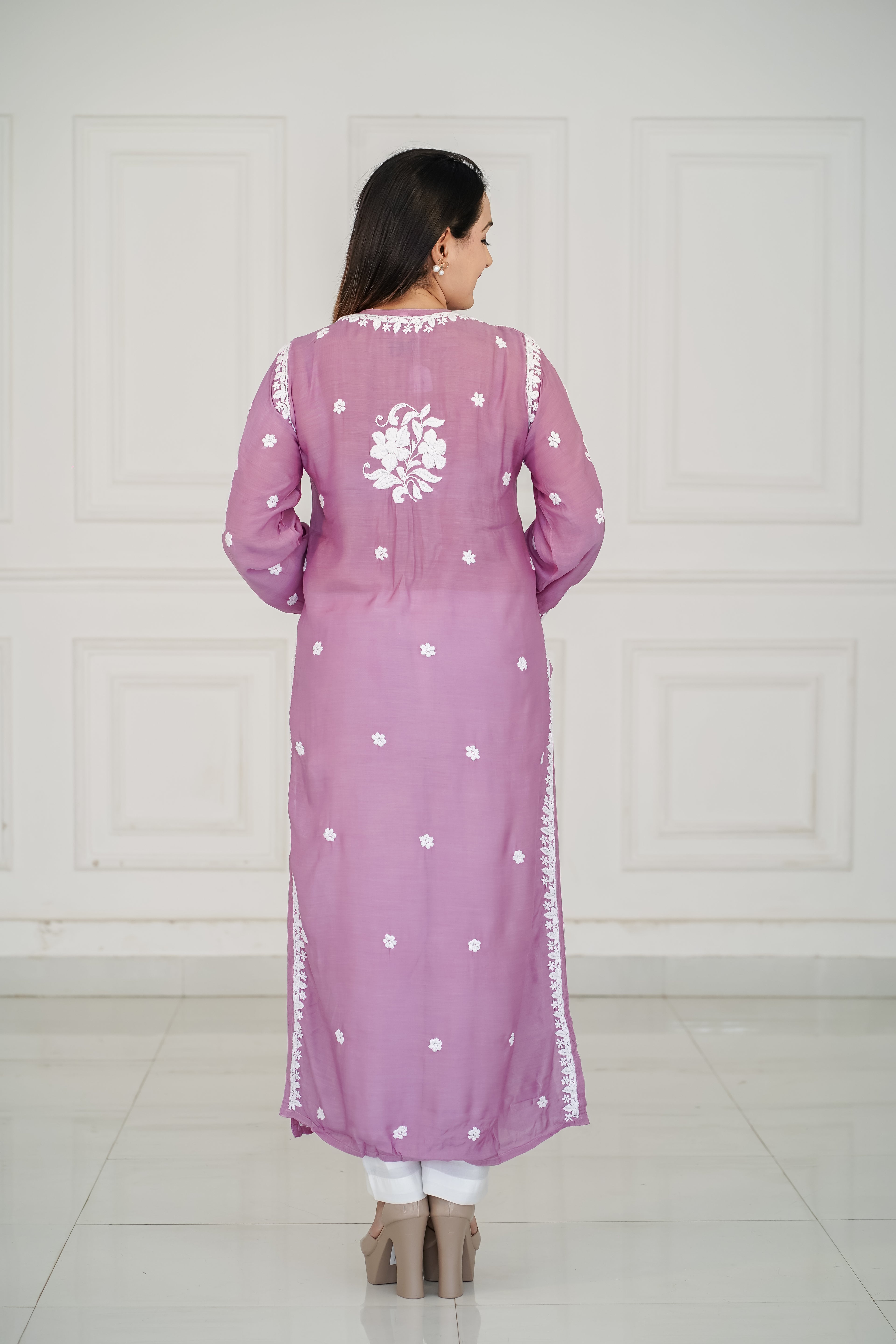 Dark Lavender pure muslin kurti with 3D chikankari