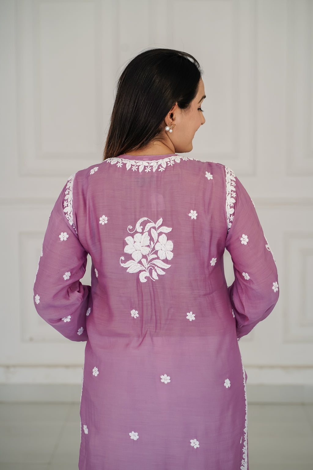 Dark Lavender pure muslin kurti with 3D chikankari