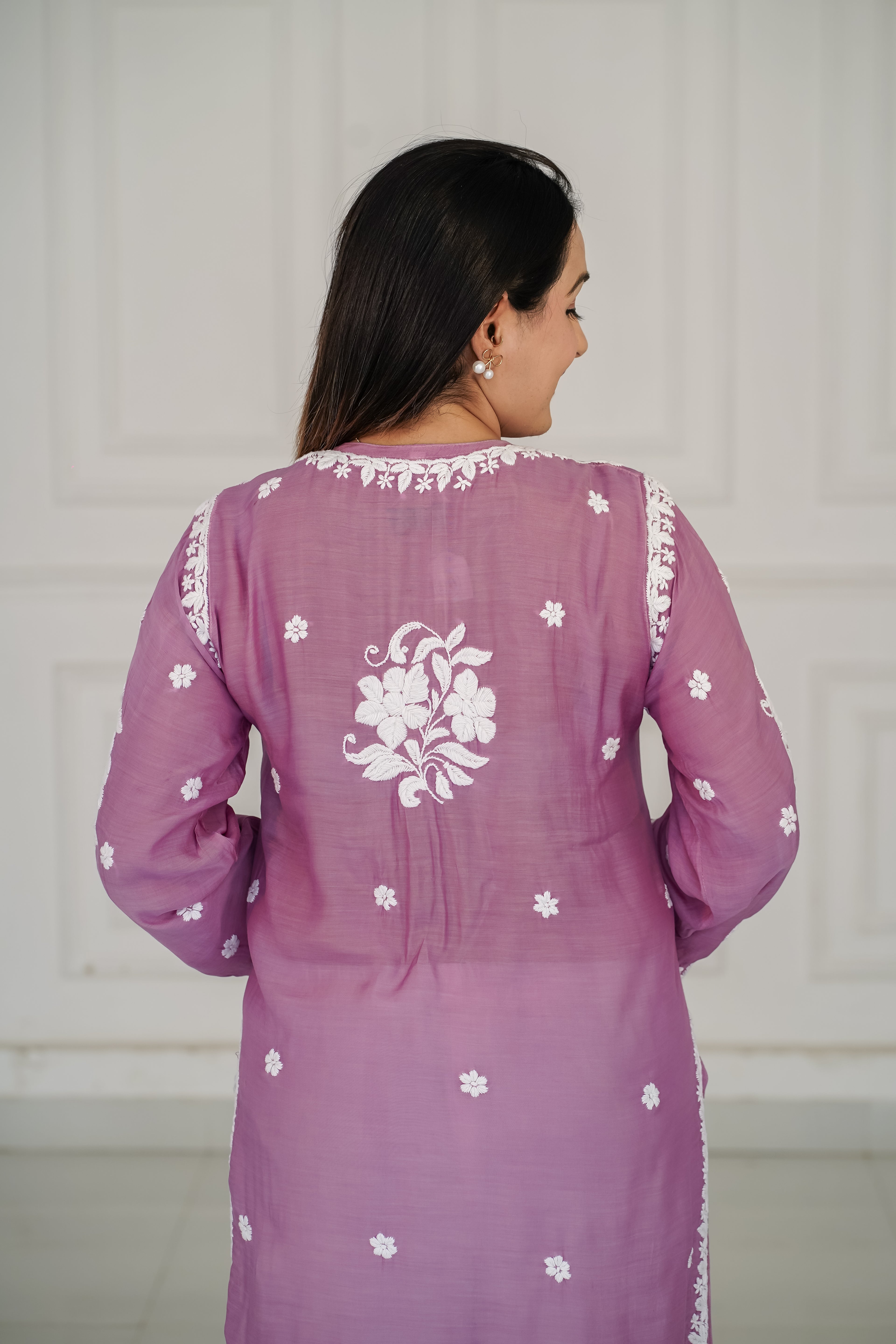 Dark Lavender pure muslin kurti with 3D chikankari