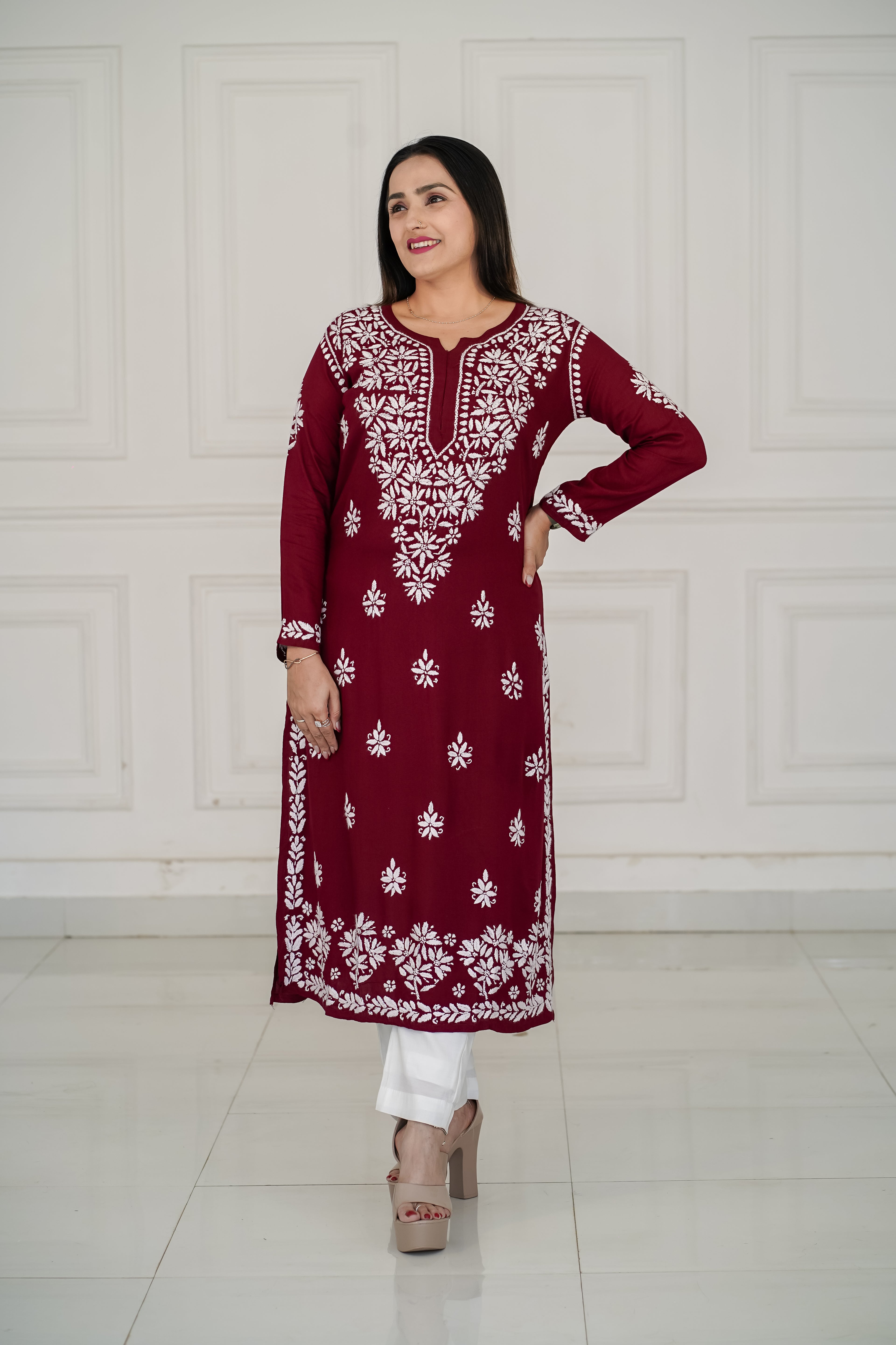 Brown and Maroon colour Rayon Traditional Chikankari design kurti
