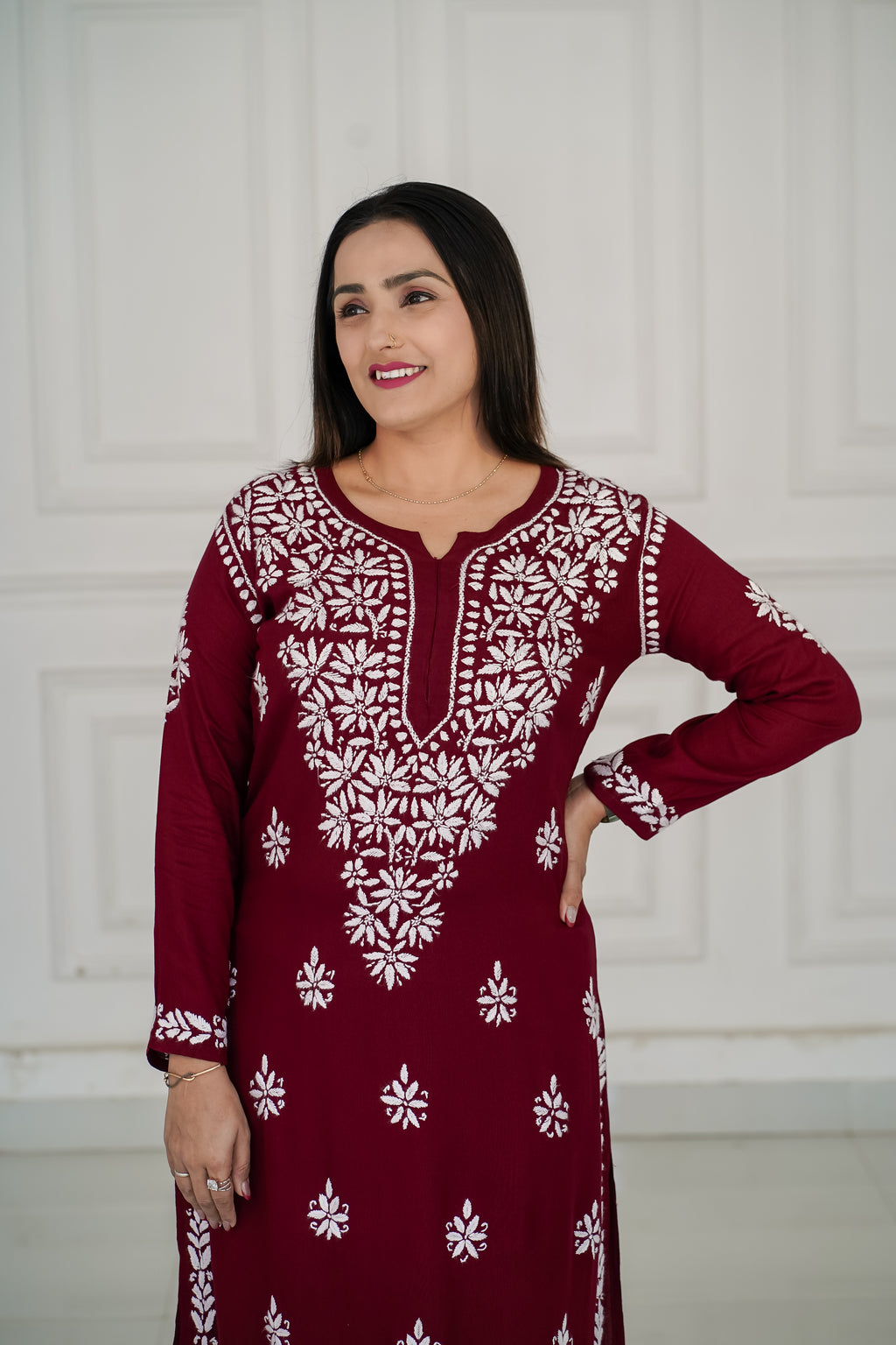 Brown and Maroon colour Rayon Traditional Chikankari design kurti