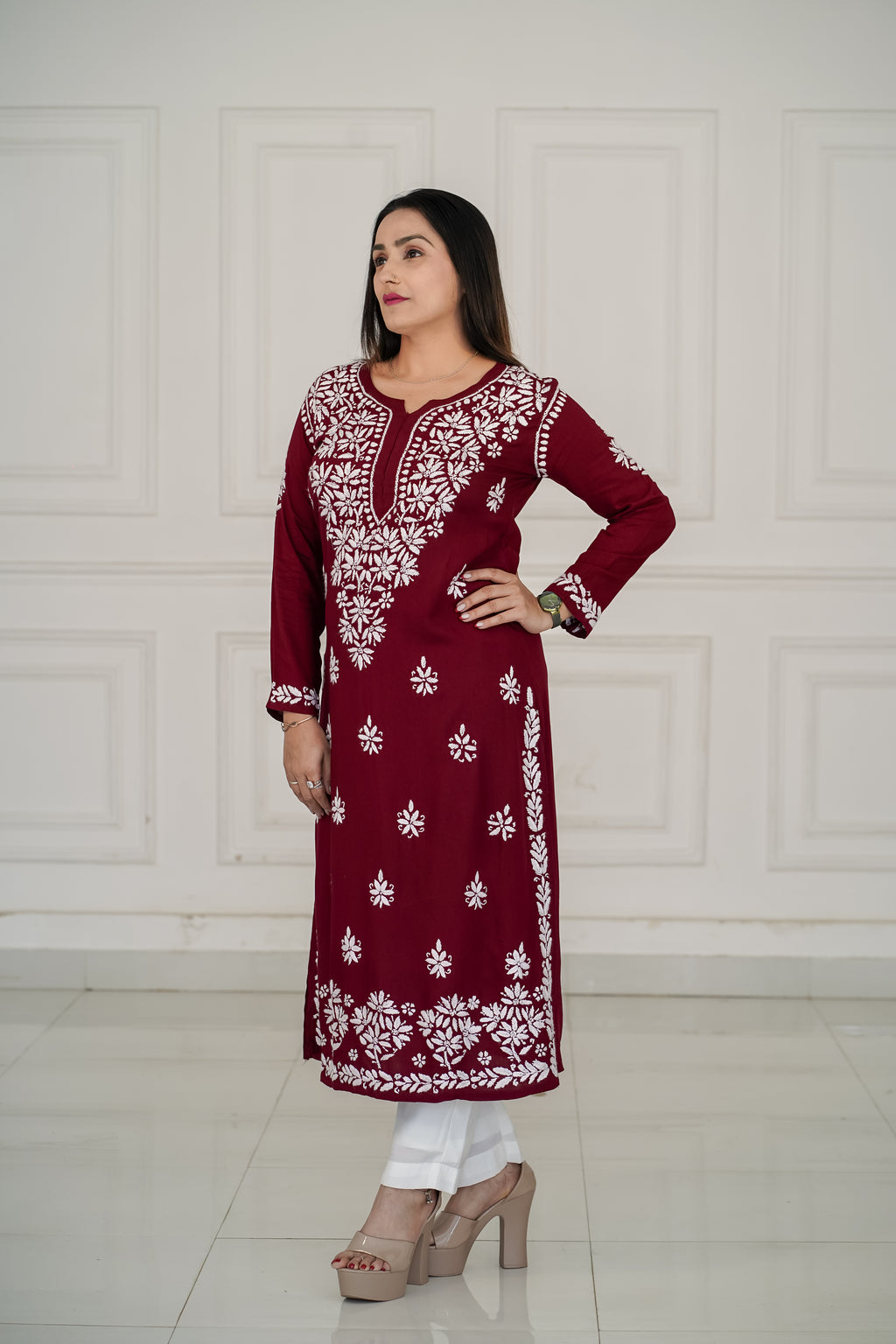 Brown and Maroon colour Rayon Traditional Chikankari design kurti
