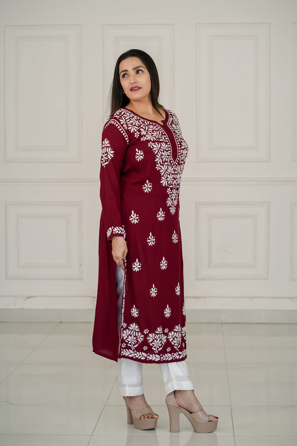 Brown and Maroon colour Rayon Traditional Chikankari design kurti