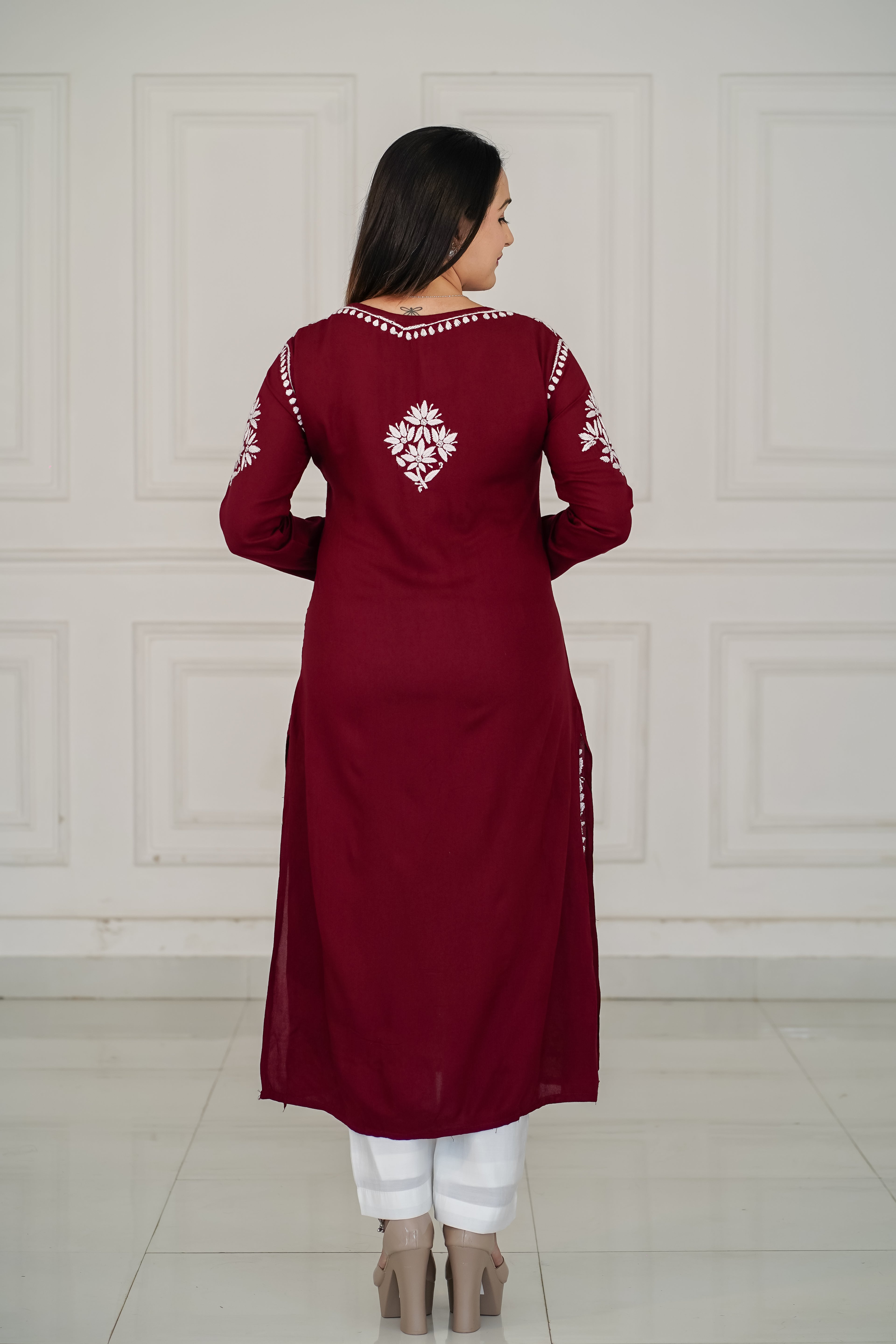 Brown and Maroon colour Rayon Traditional Chikankari design kurti