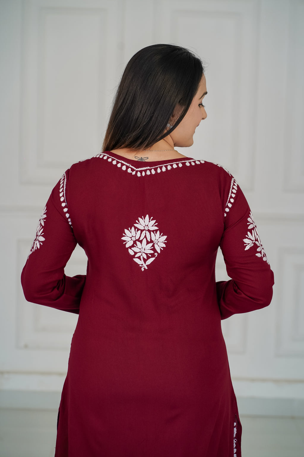Brown and Maroon colour Rayon Traditional Chikankari design kurti