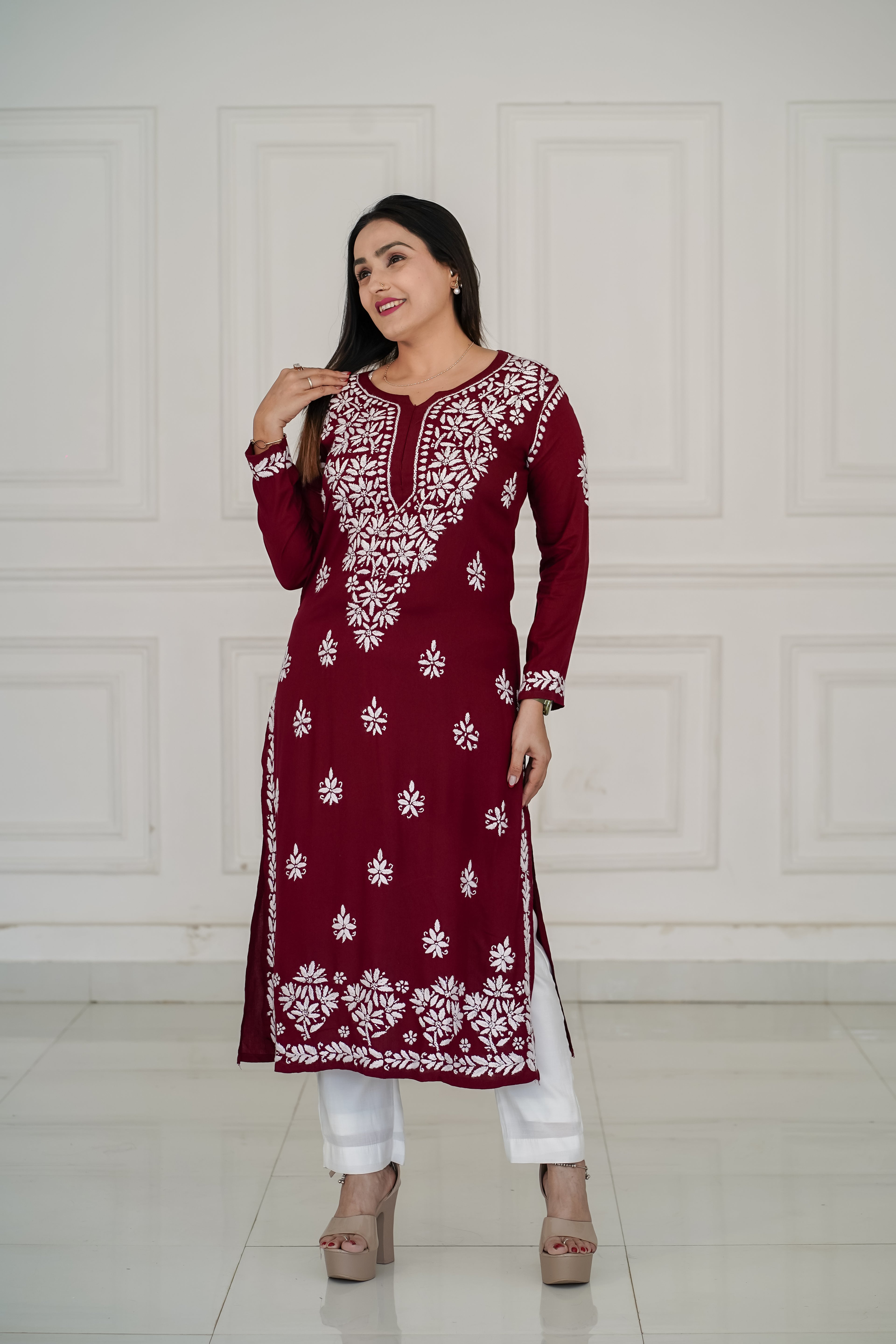 Brown and Maroon colour Rayon Traditional Chikankari design kurti