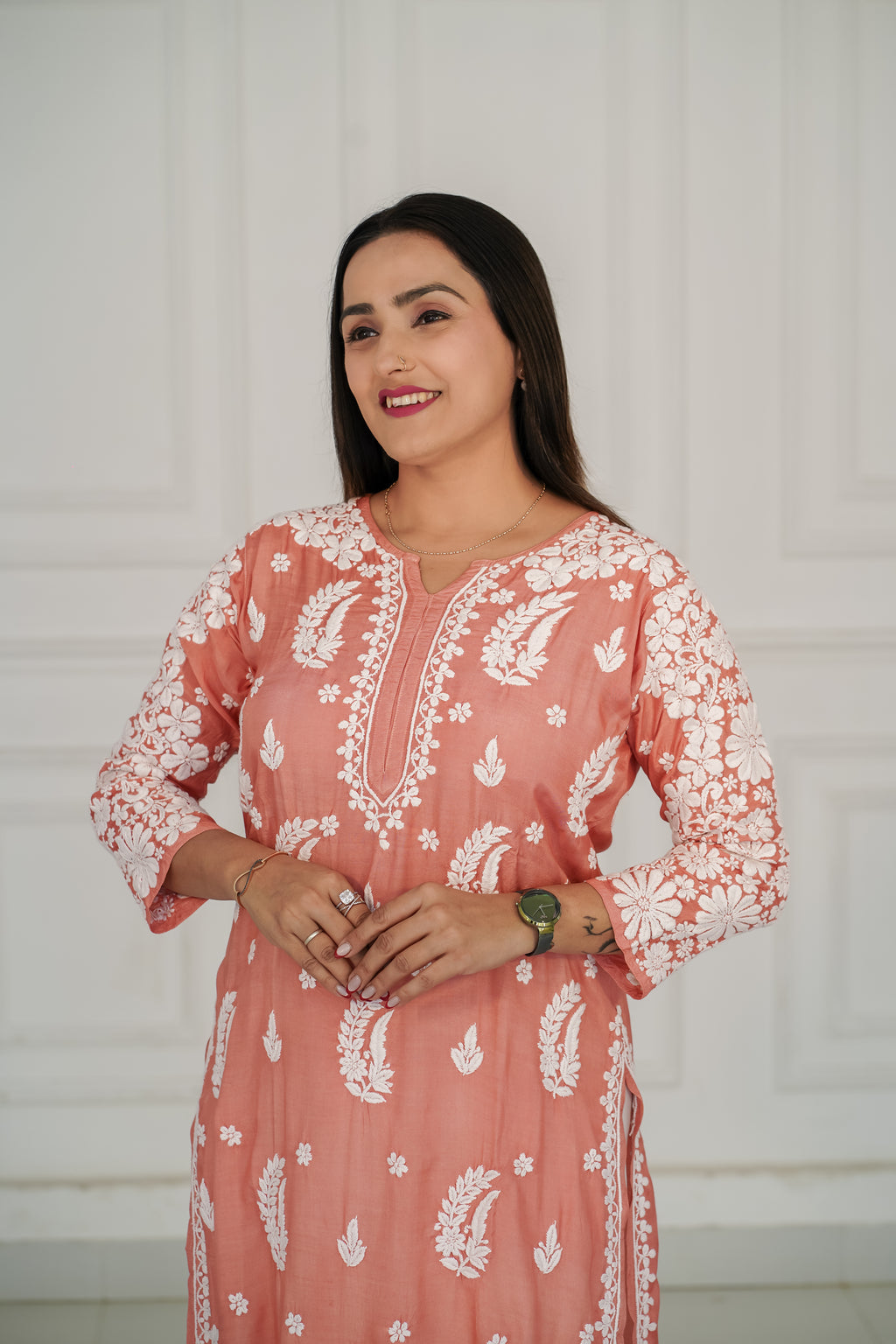 Muslin kurti with 3d chikankari in 2 colours mauve and pastel peach