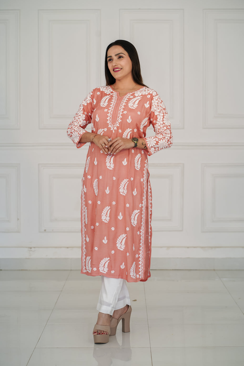 Muslin kurti with 3d chikankari in 2 colours mauve and pastel peach