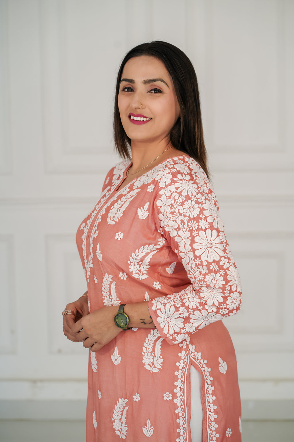 Muslin kurti with 3d chikankari in 2 colours mauve and pastel peach