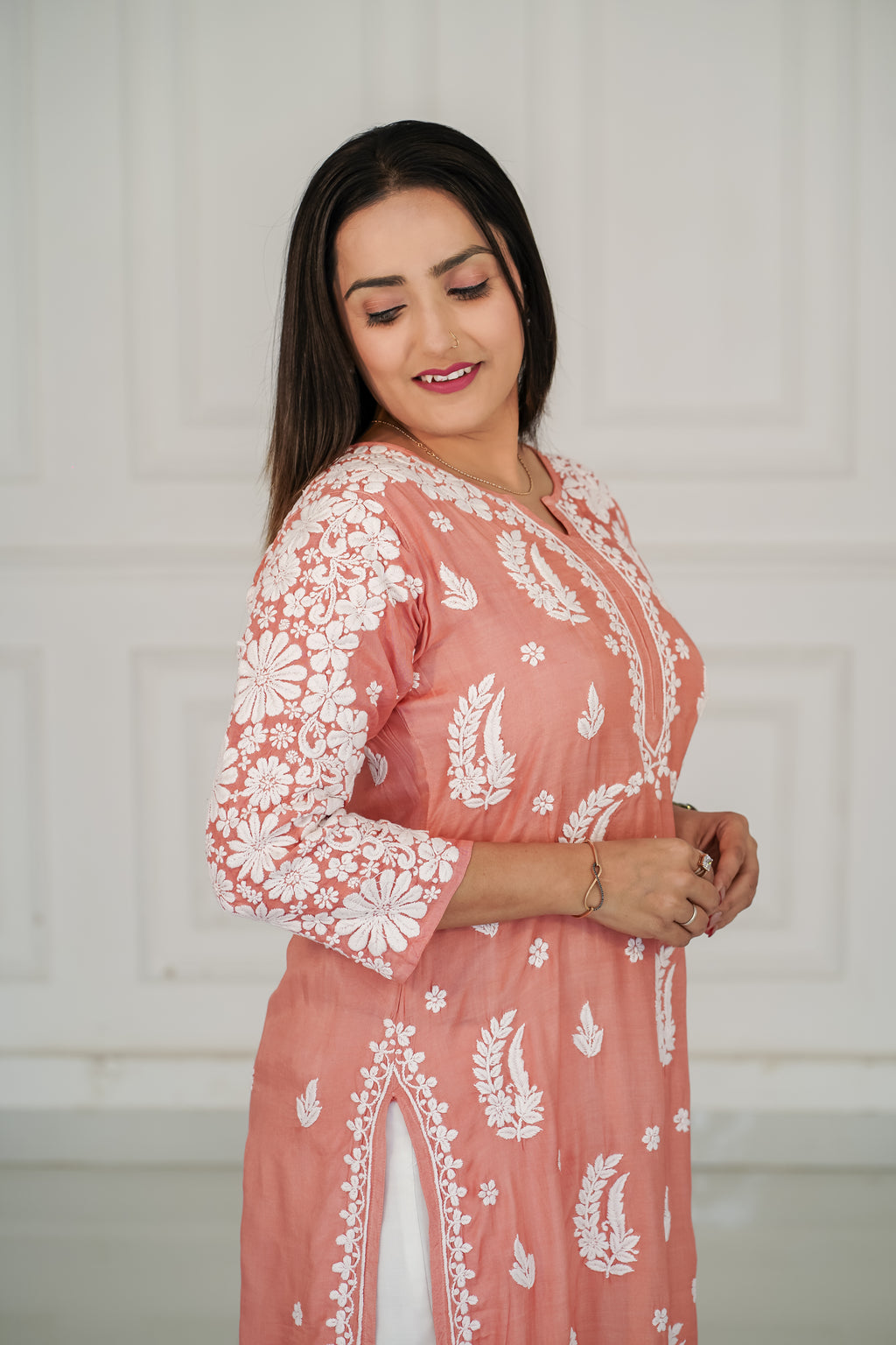 Muslin kurti with 3d chikankari in 2 colours mauve and pastel peach