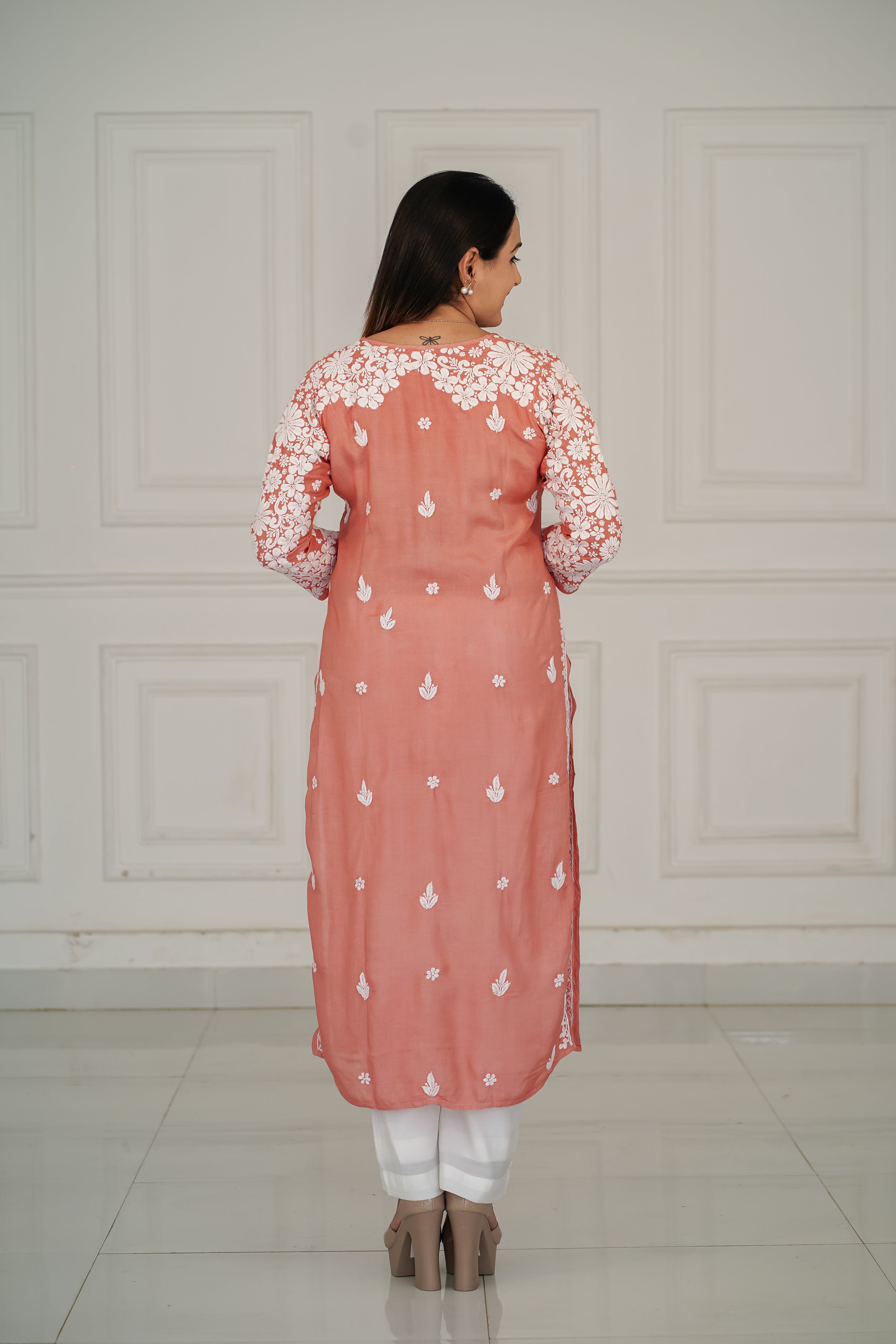 Muslin kurti with 3d chikankari in 2 colours mauve and pastel peach