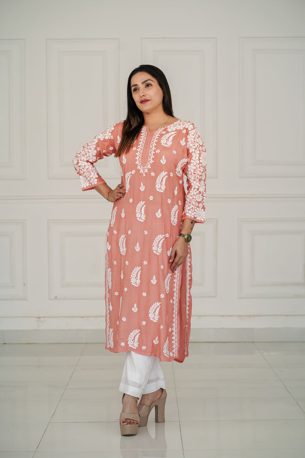 Muslin kurti with 3d chikankari in 2 colours mauve and pastel peach