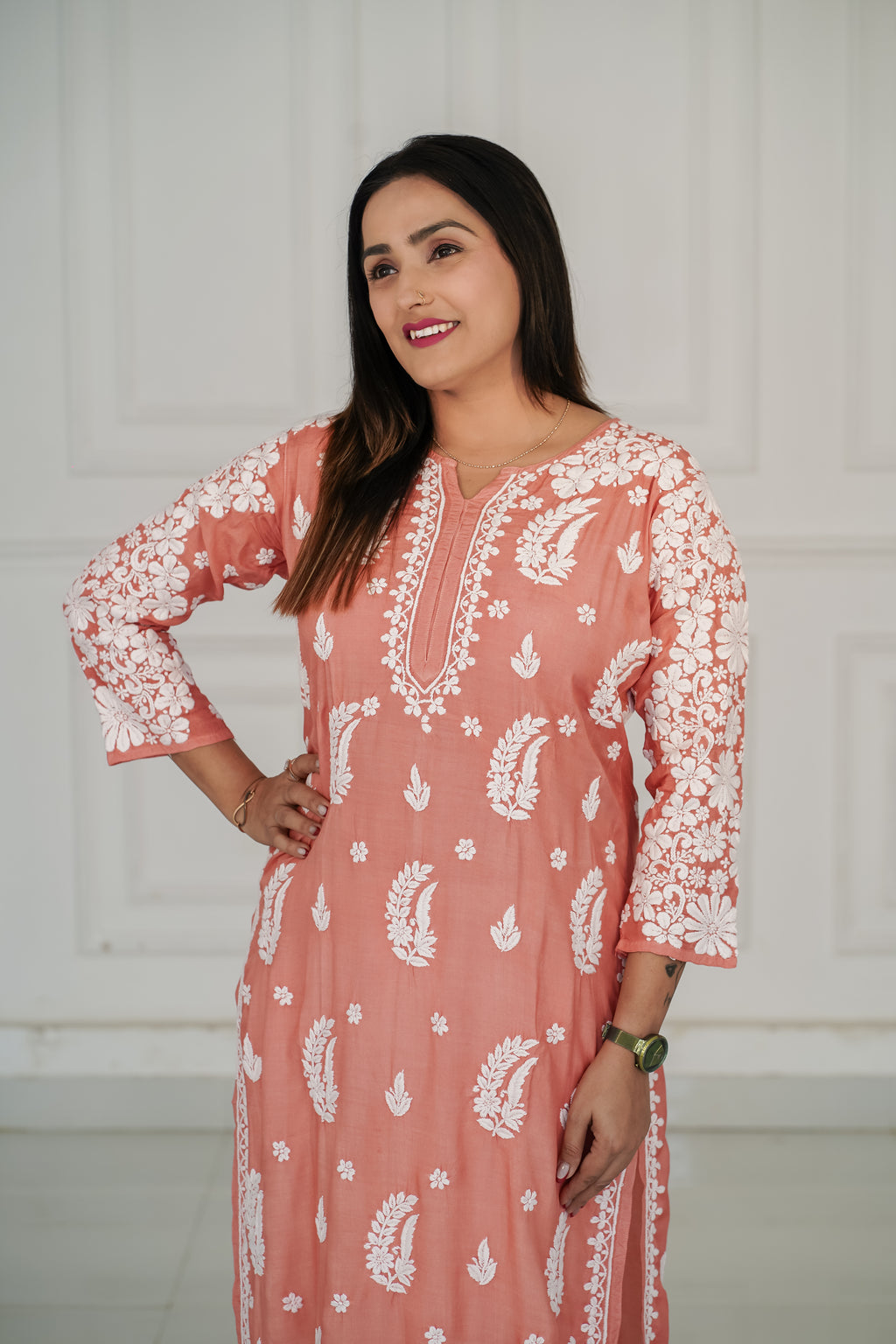 Muslin kurti with 3d chikankari in 2 colours mauve and pastel peach