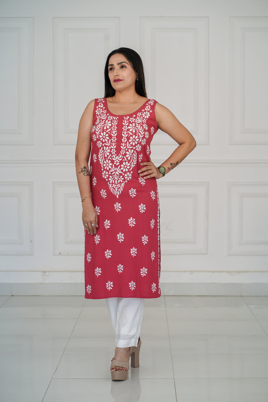 Rayon fabric Kurti slim fit kurti with traditional chikankari work