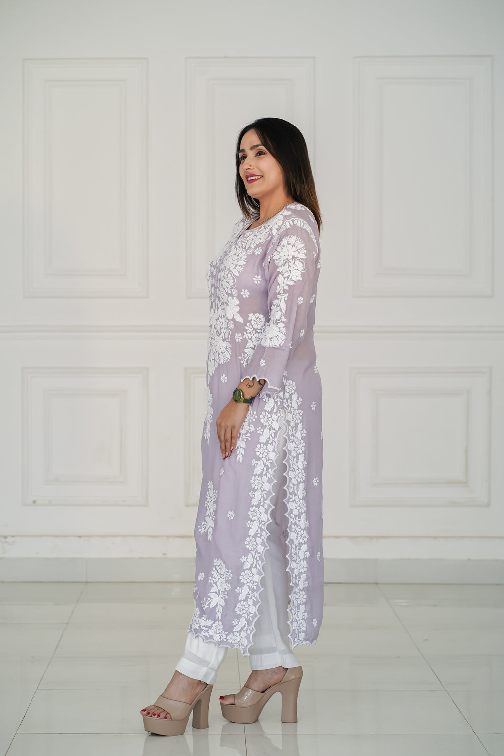 Grey Pure Muslin Short Kurti with 3D Chikankari