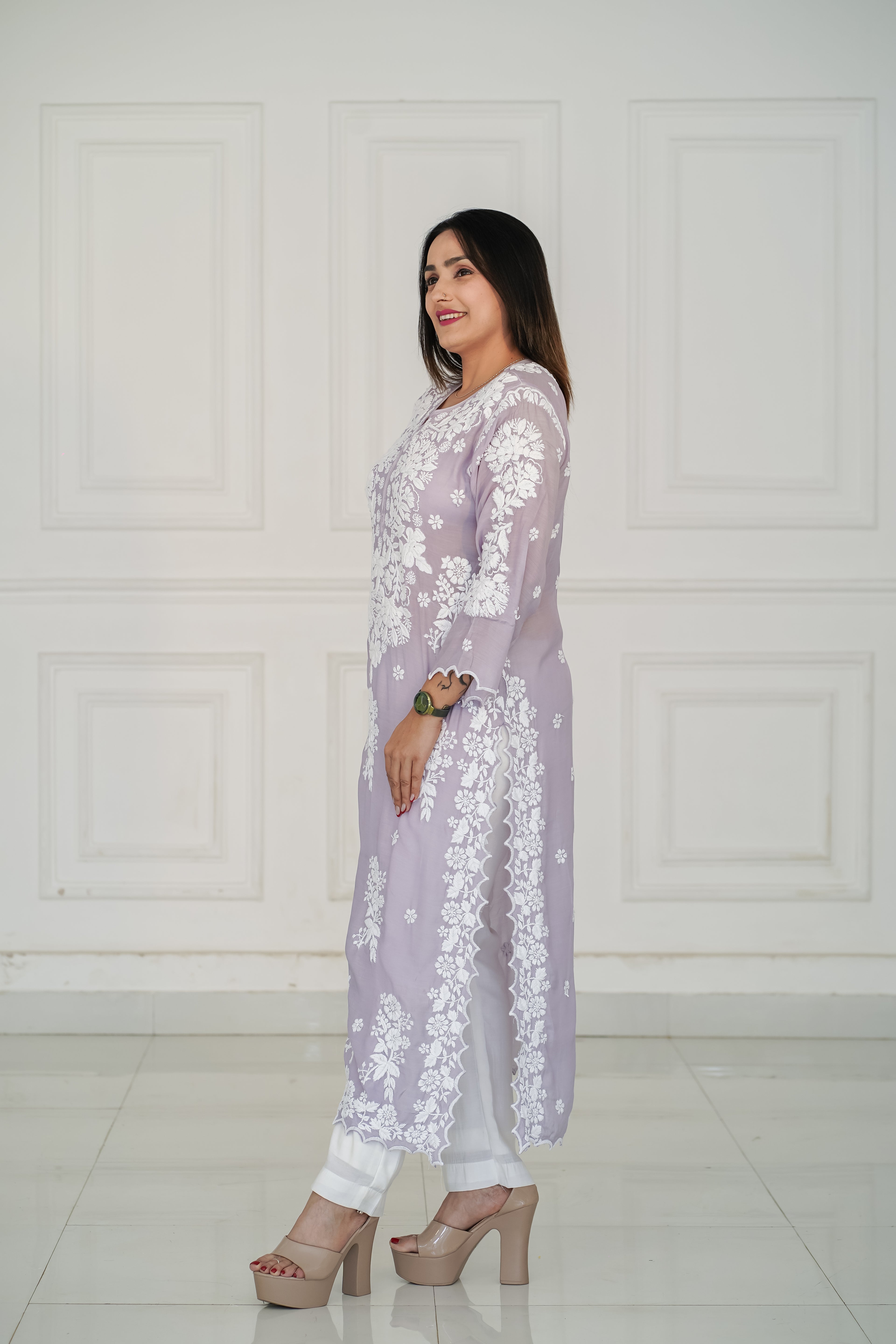 Grey Pure Muslin Short Kurti with 3D Chikankari
